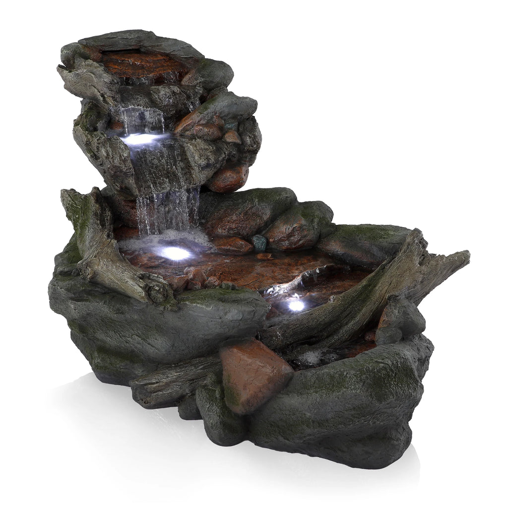 Alpine Corporation 59" x 16" x 20" Polystone Light-Up Cascading Floor Pump Fountain, Brown