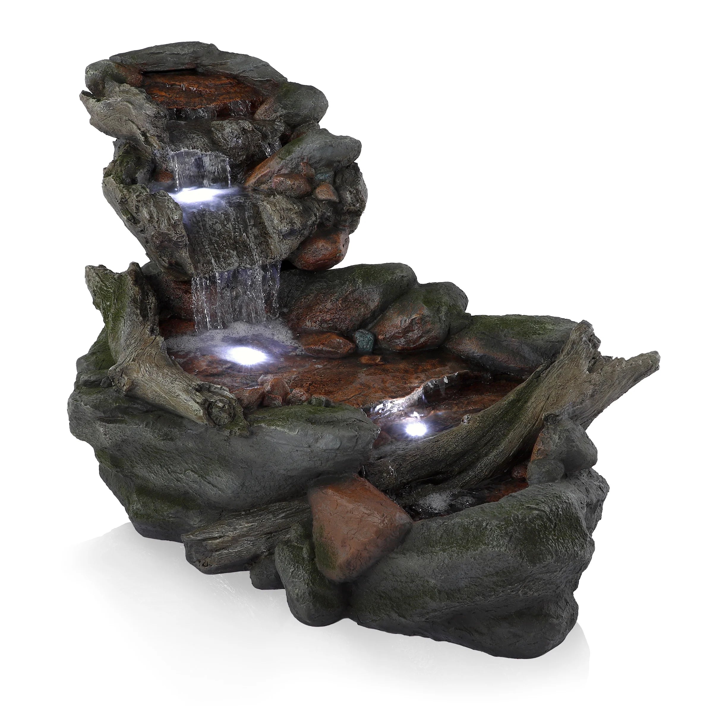 Alpine Corporation 59" x 16" x 20" Polystone Light-Up Cascading Floor Pump Fountain, Brown