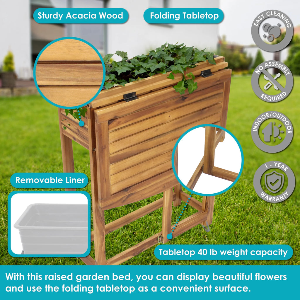 Sunnydaze 24.25" x 25" x 30.5" Natural Acacia Wood Rectangular Raised Garden Bed with Shelf
