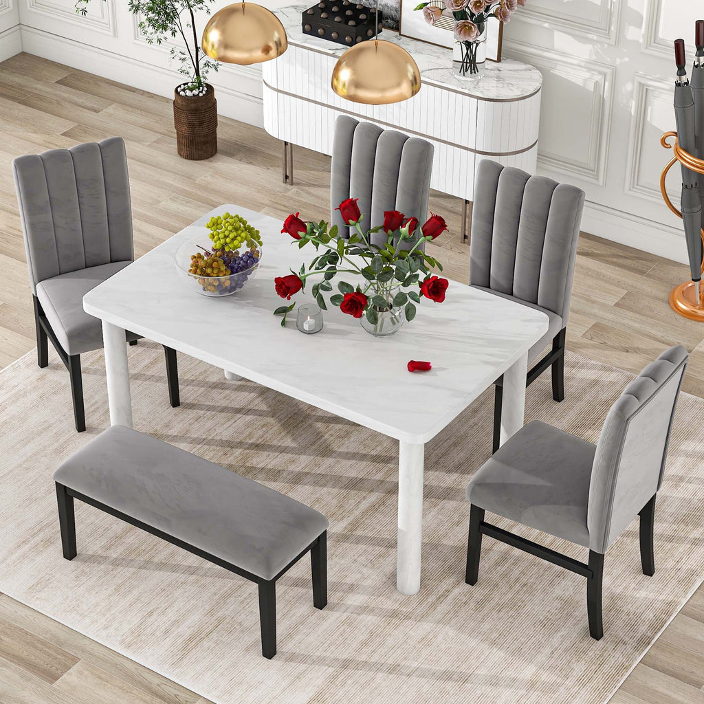 Set of 6 Marble Sticker Dining Table and 4 Velvet Upholstered Dining Chairs and Bench (White+Grey) Dimensions Table: 60"L x 36"W x 30"H Chair: 19.3"L x 20.5"W x 37.8"H
