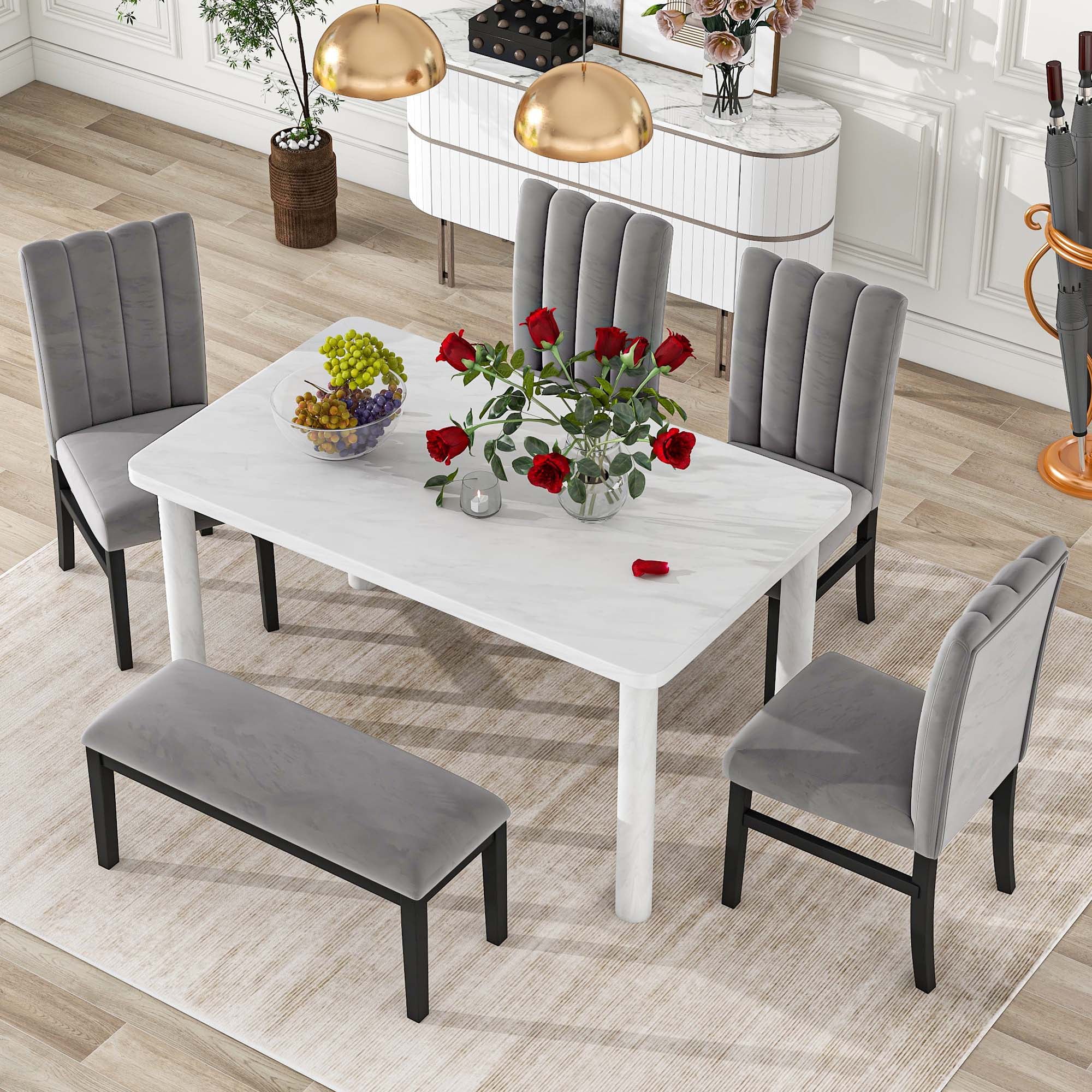 Set of 6 Marble Sticker Dining Table and 4 Velvet Upholstered Dining Chairs and Bench (White+Grey) Dimensions Table: 60"L x 36"W x 30"H Chair: 19.3"L x 20.5"W x 37.8"H