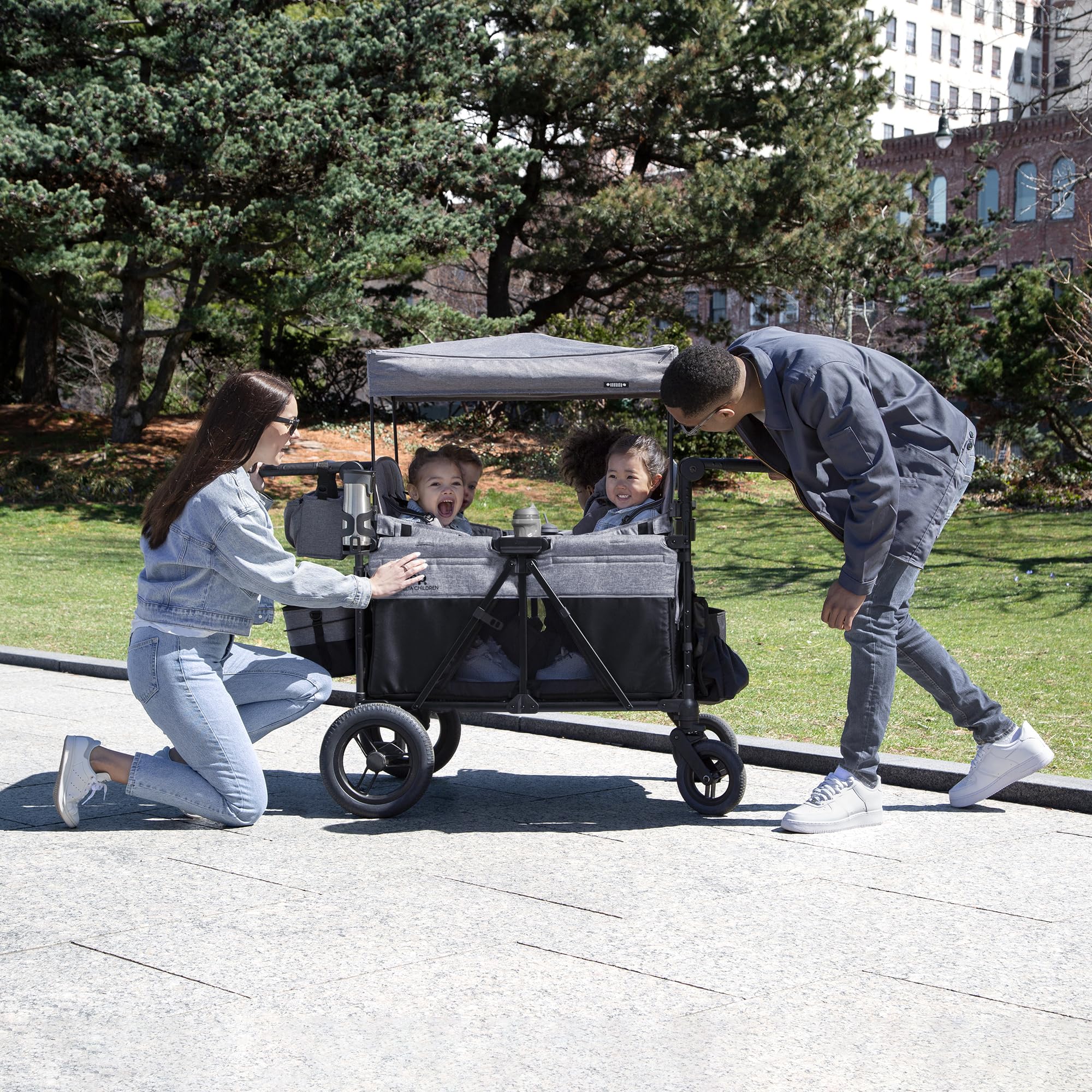 Convertible 4-Kid Wagon Stroller with 5 Seating Options, Canopy, Storage, Cooler & Safety Harnesses