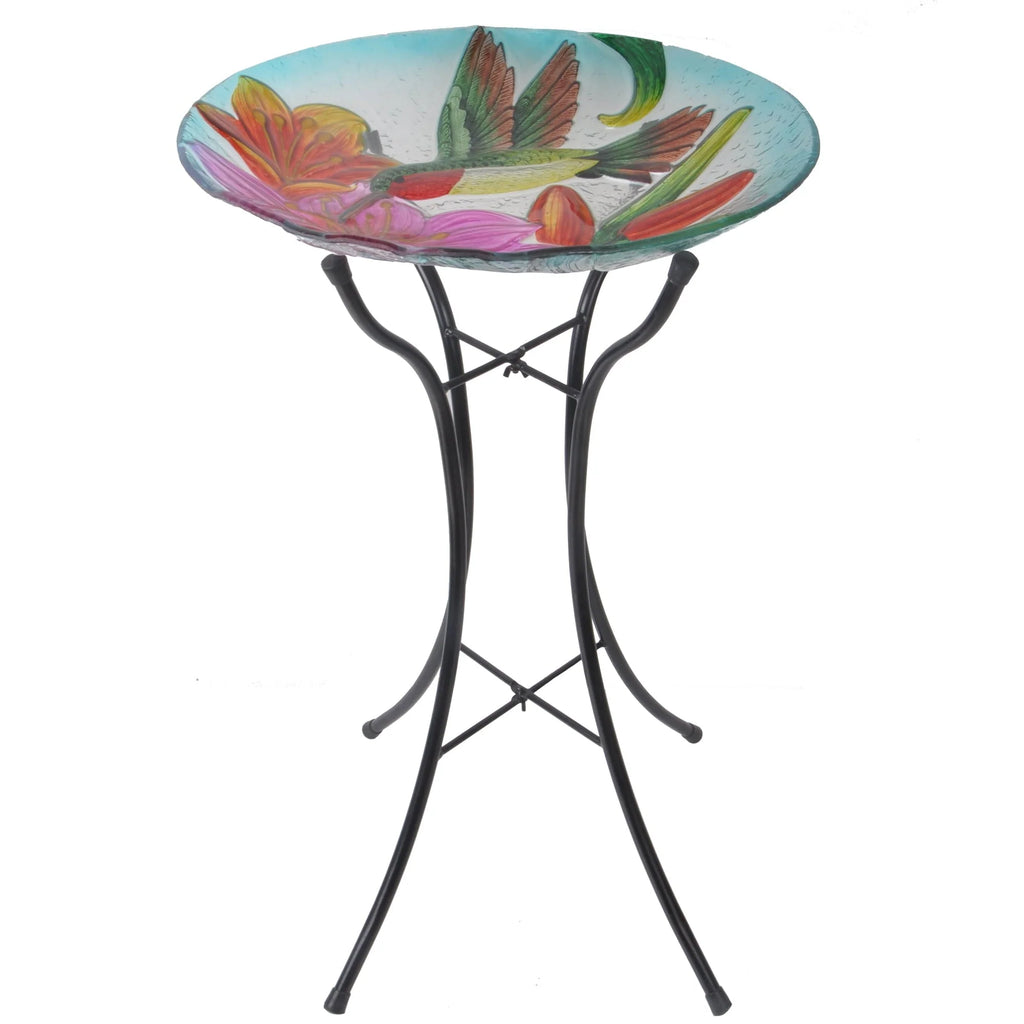 Teamson Home 18" Outdoor Glass Flower and Hummingbird Birdbath with Stand, Multicolor 45.7 x 45.7 x 53.8