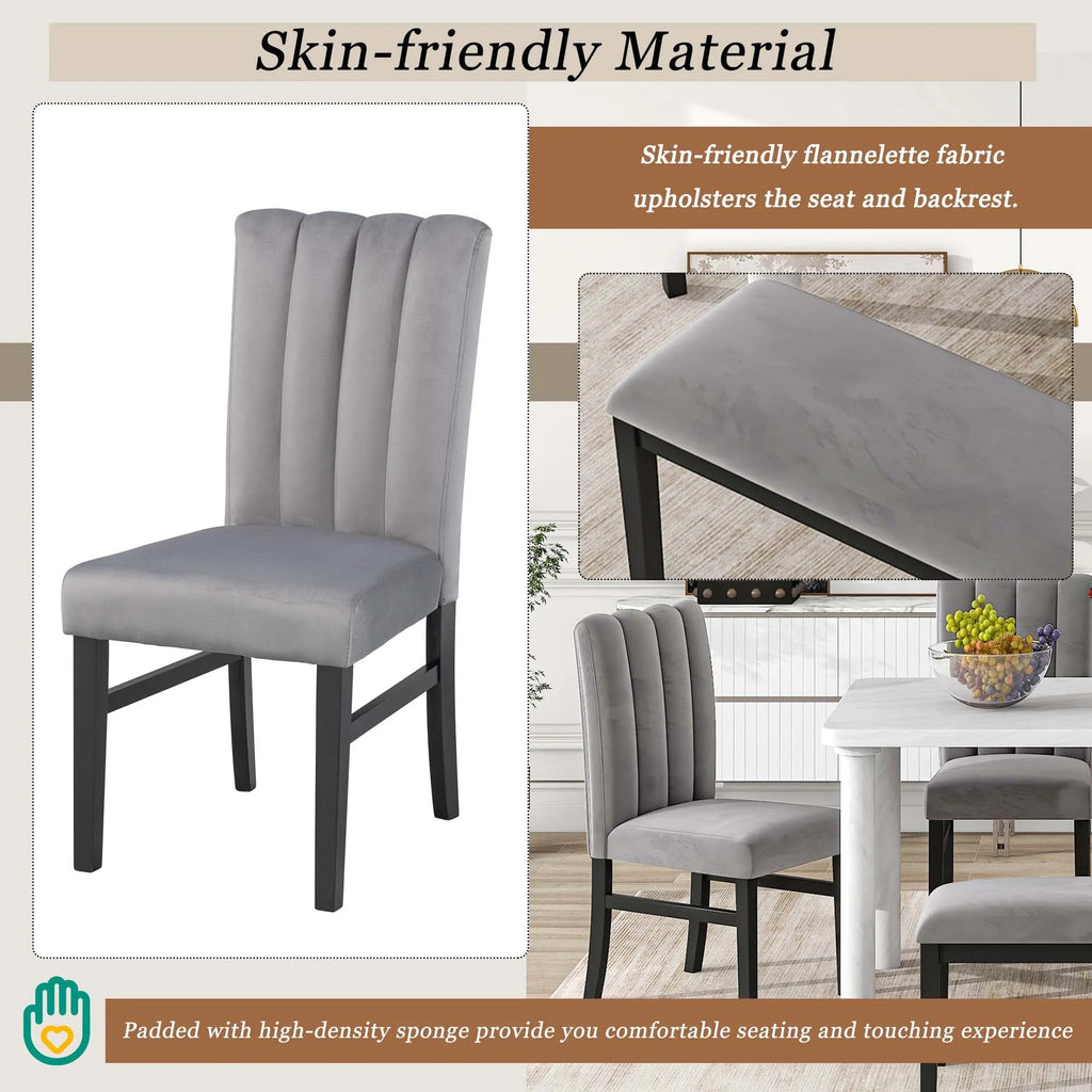 Set of 6 Marble Sticker Dining Table and 4 Velvet Upholstered Dining Chairs and Bench (White+Grey) Dimensions Table: 60"L x 36"W x 30"H Chair: 19.3"L x 20.5"W x 37.8"H