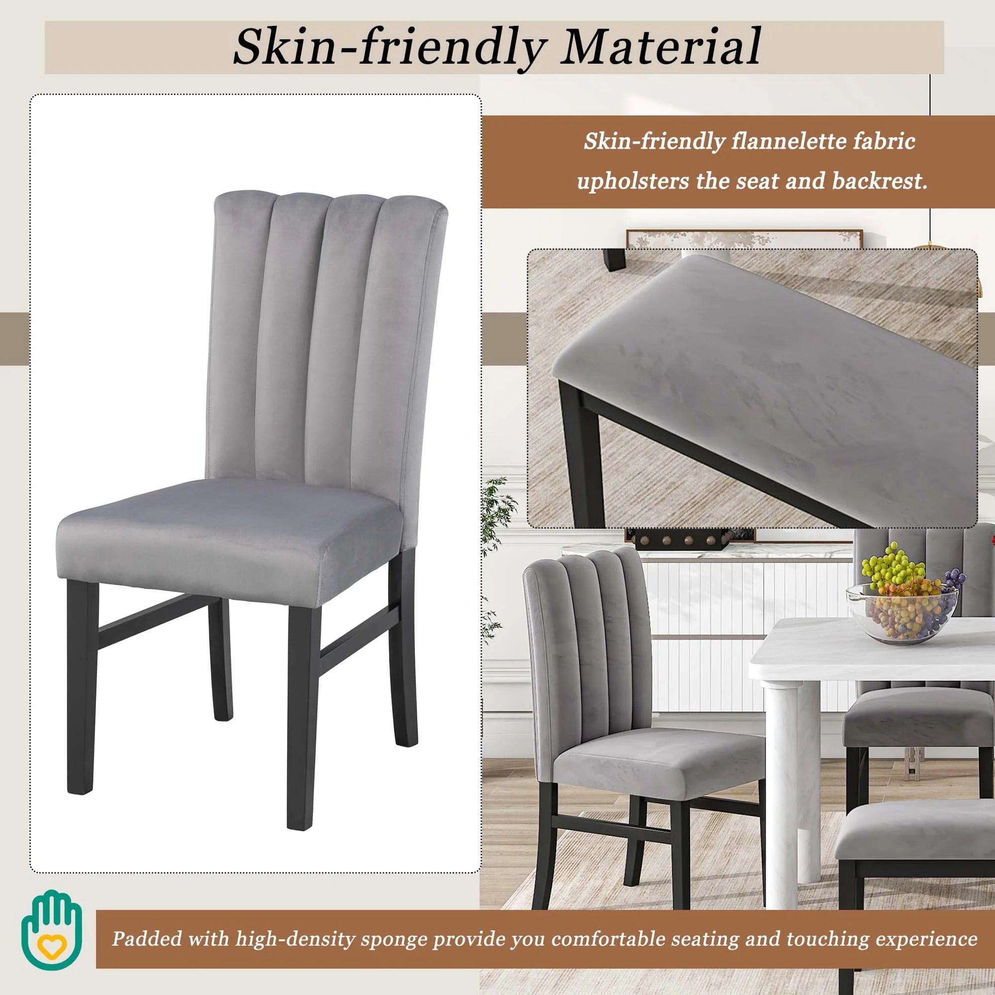 Set of 6 Marble Sticker Dining Table and 4 Velvet Upholstered Dining Chairs and Bench (White+Grey) Dimensions Table: 60"L x 36"W x 30"H Chair: 19.3"L x 20.5"W x 37.8"H