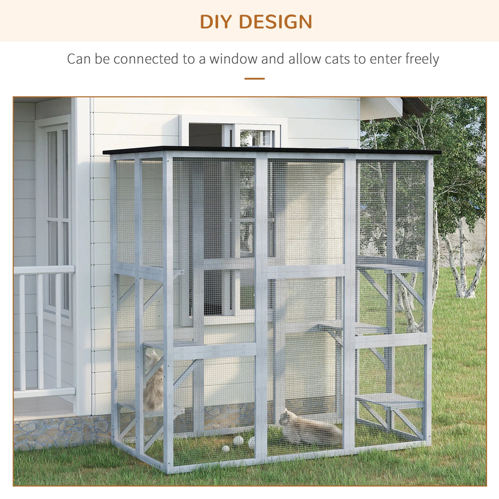 PawHut Wooden Catio Enclosure with Weather Protection, 6 Platforms, Outdoor, Large, 71" x 38.5" x 71"