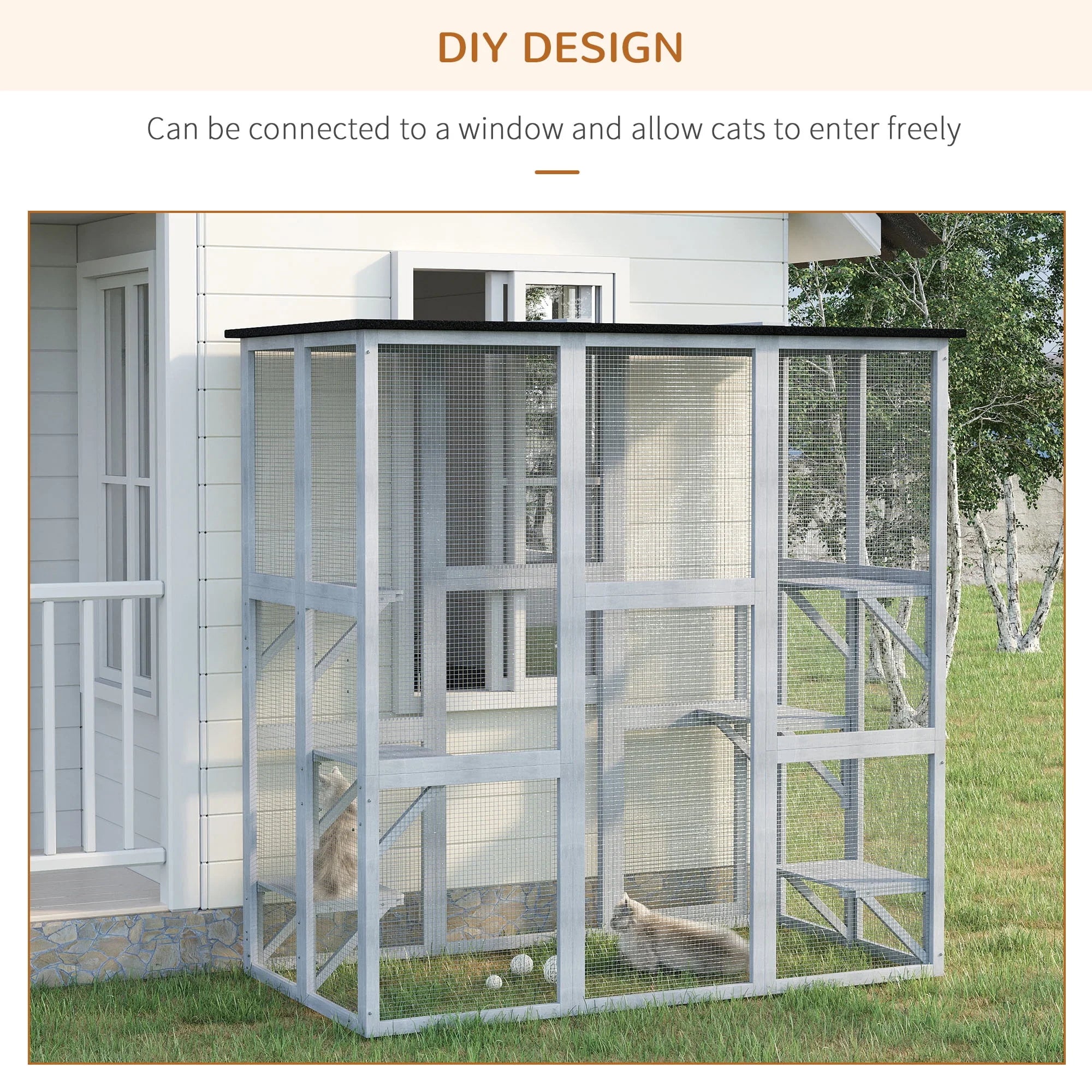 PawHut Wooden Catio Enclosure with Weather Protection, 6 Platforms, Outdoor, Large, 71" x 38.5" x 71"