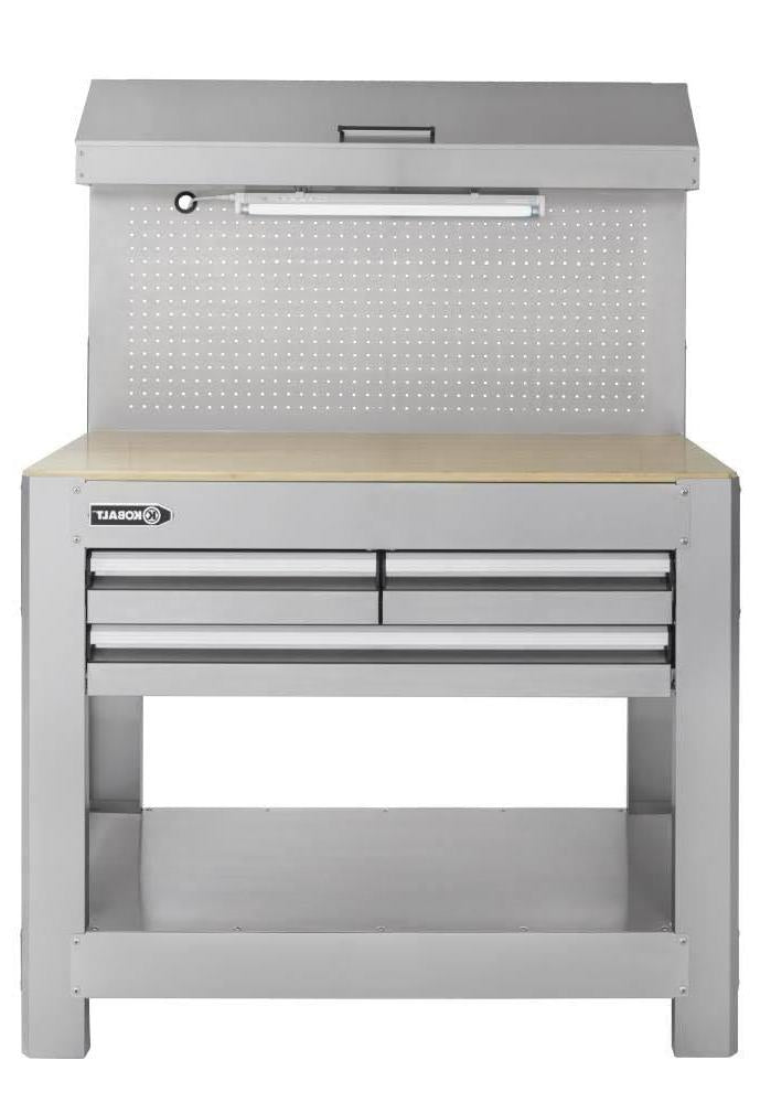 45 Inch Heavy Duty Workbench with Pegboard - Solid Oak Top, LED Light and Storage Drawers