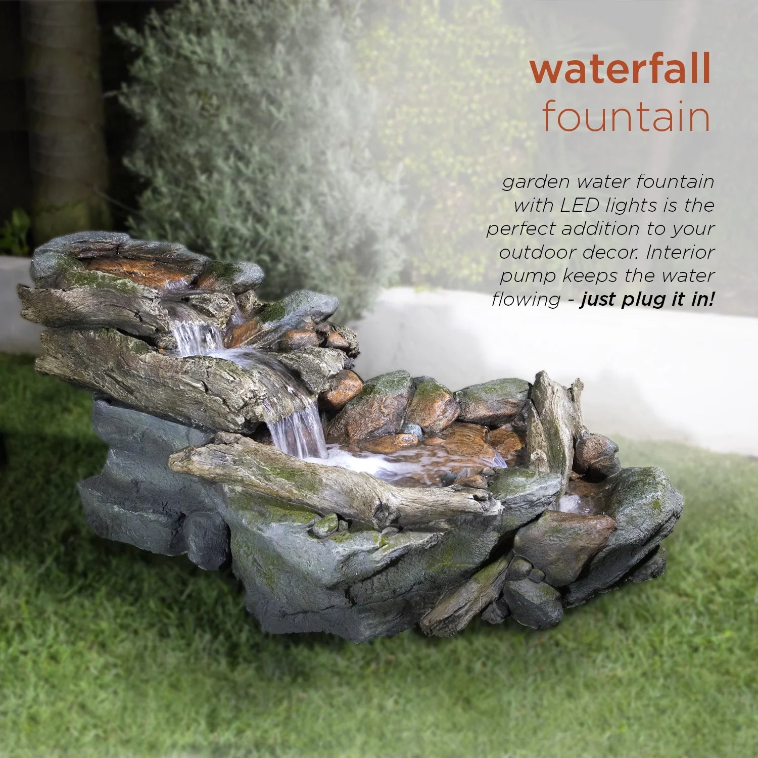 Alpine Corporation 59" x 16" x 20" Polystone Light-Up Cascading Floor Pump Fountain, Brown
