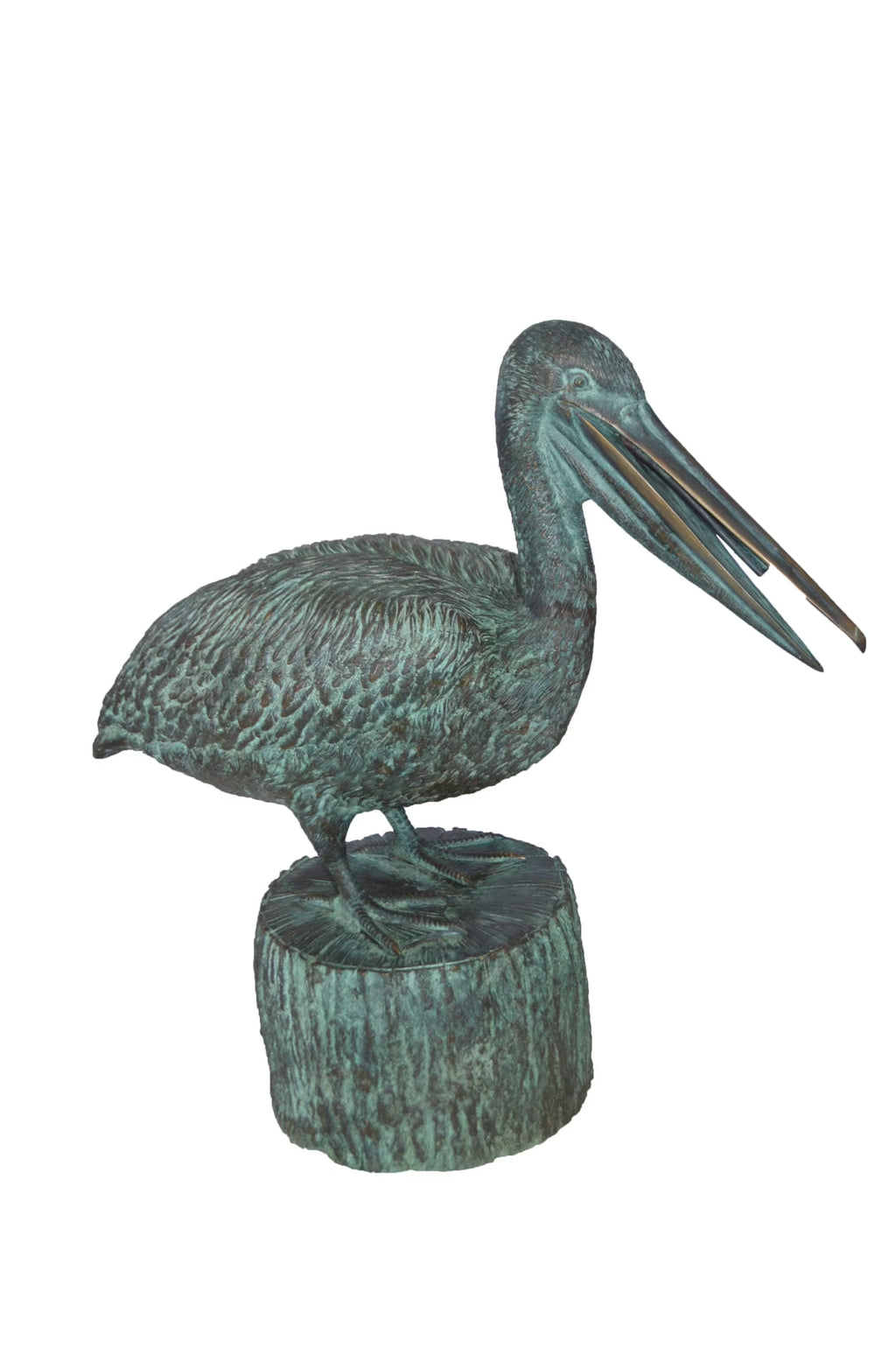 Nifao Pelican on a Tree Stump fountain bronze statue - Size: 30"L x 16"W x 46"H.
