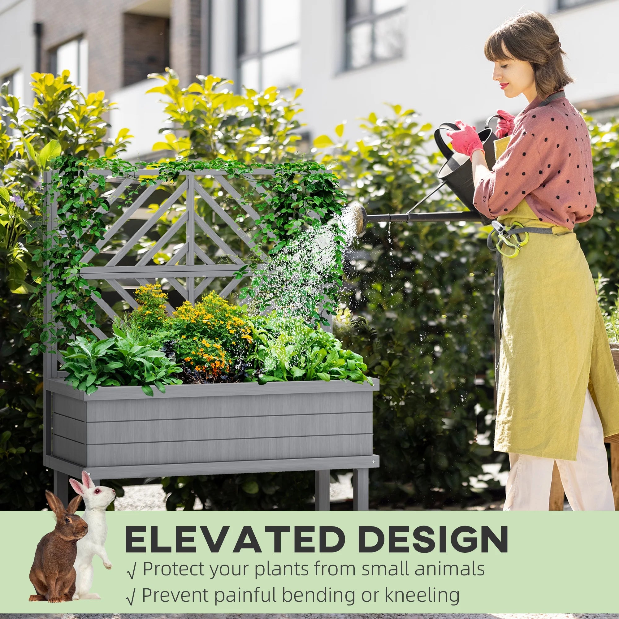 GHooa Raised Garden Bed with Trellis for Climbing Plants 41.25" W x 17.75" D x 55" H-Gray