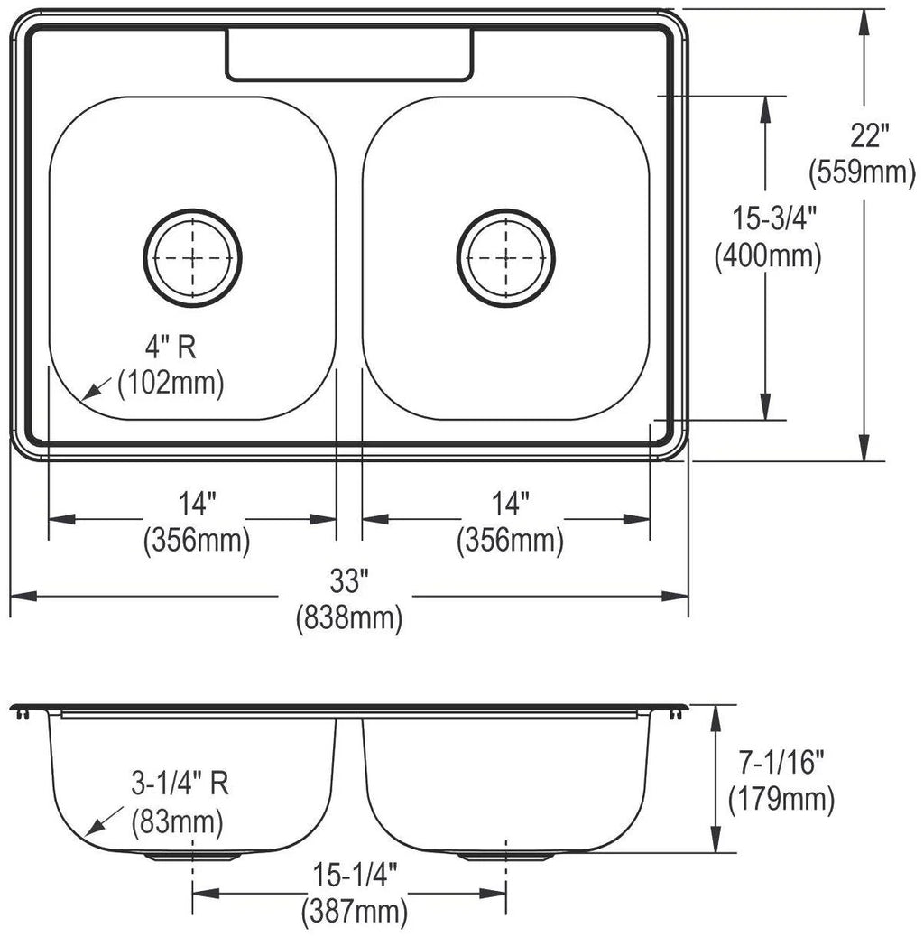 Elkay DD233224 22 Gauge Stainless Steel Double Bowl Top Mount Kitchen Sink, 33 x 22 x 7.0625