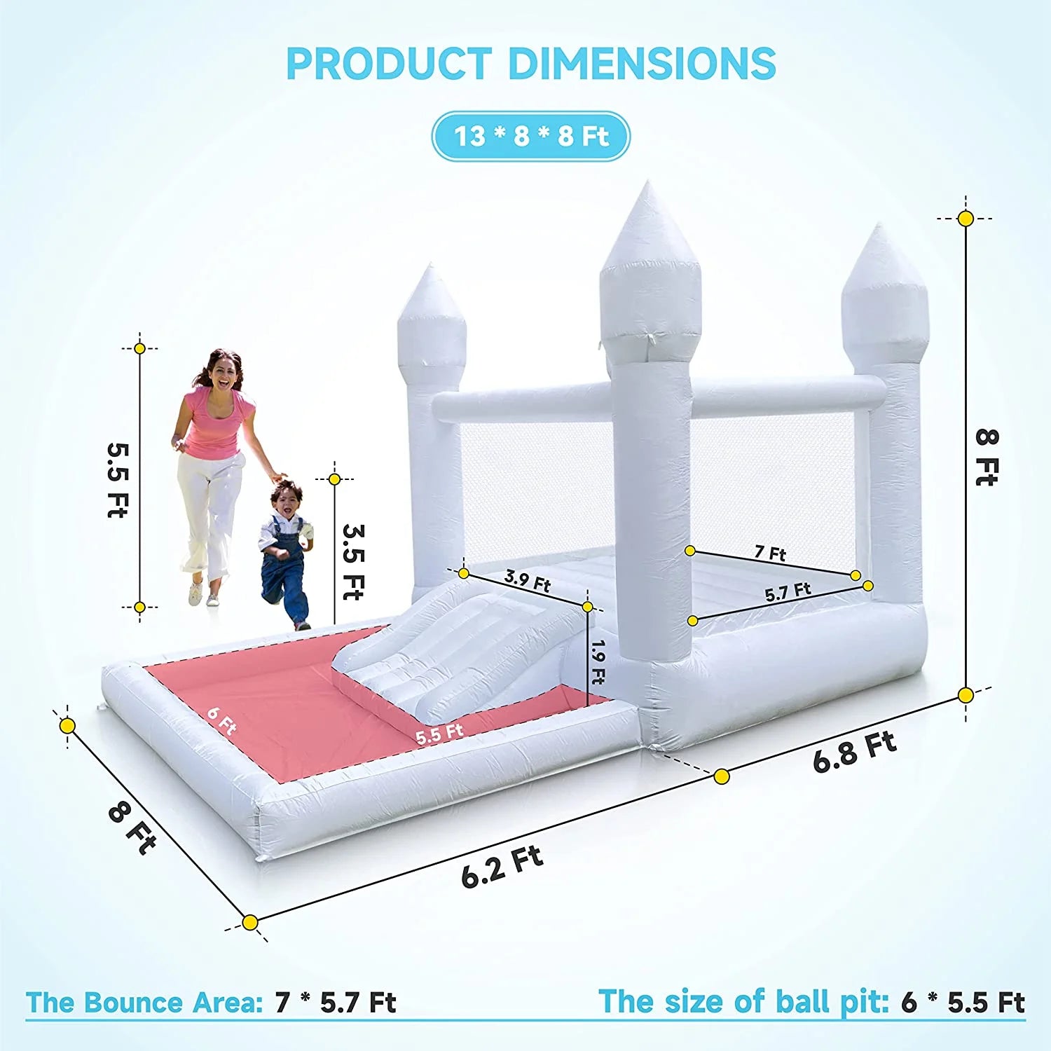 Connsann White Bounce House Oxford with Air Blower & Ball Pit for Kids Birthday Party, 13' x 8' x 8'