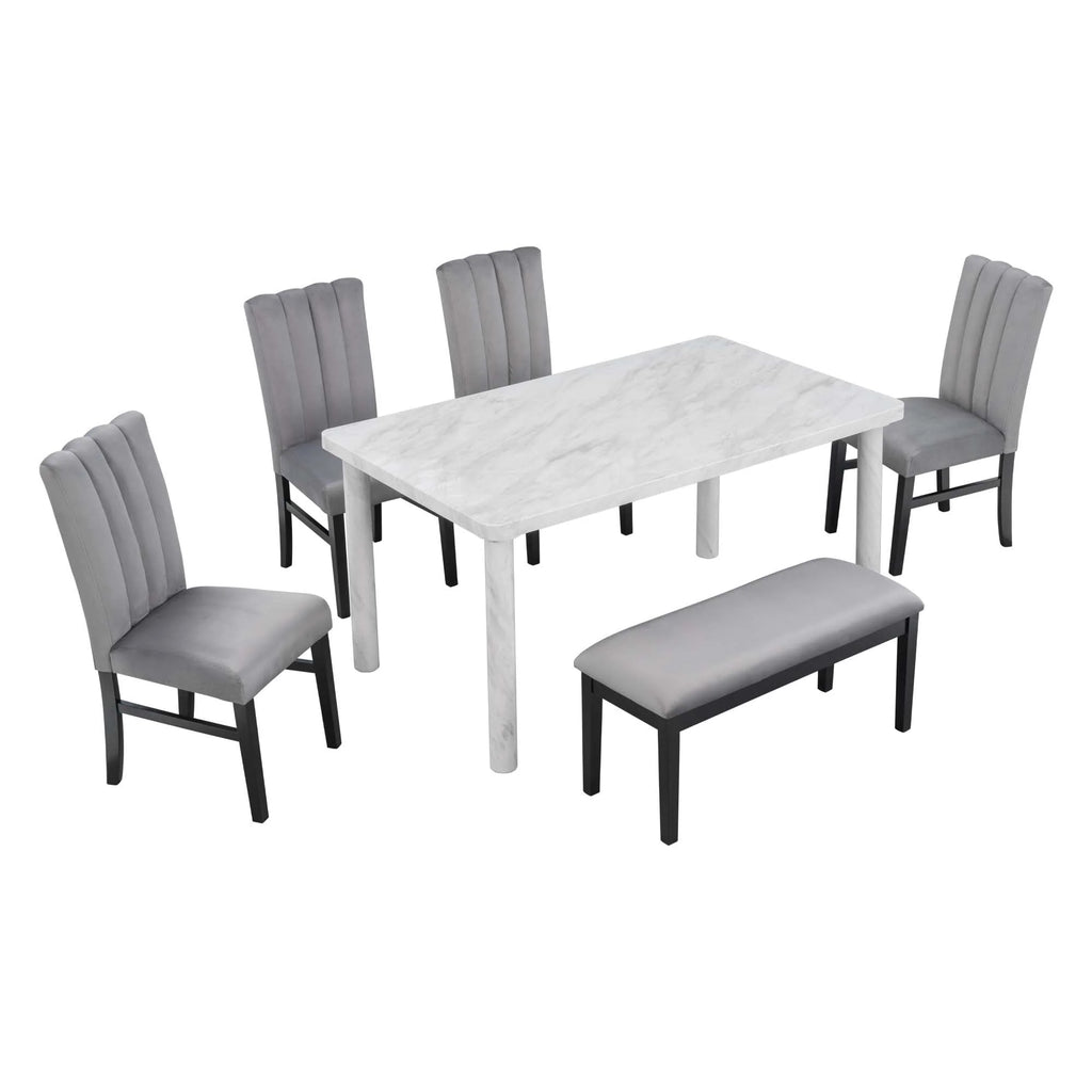 Set of 6 Marble Sticker Dining Table and 4 Velvet Upholstered Dining Chairs and Bench (White+Grey) Dimensions Table: 60"L x 36"W x 30"H Chair: 19.3"L x 20.5"W x 37.8"H