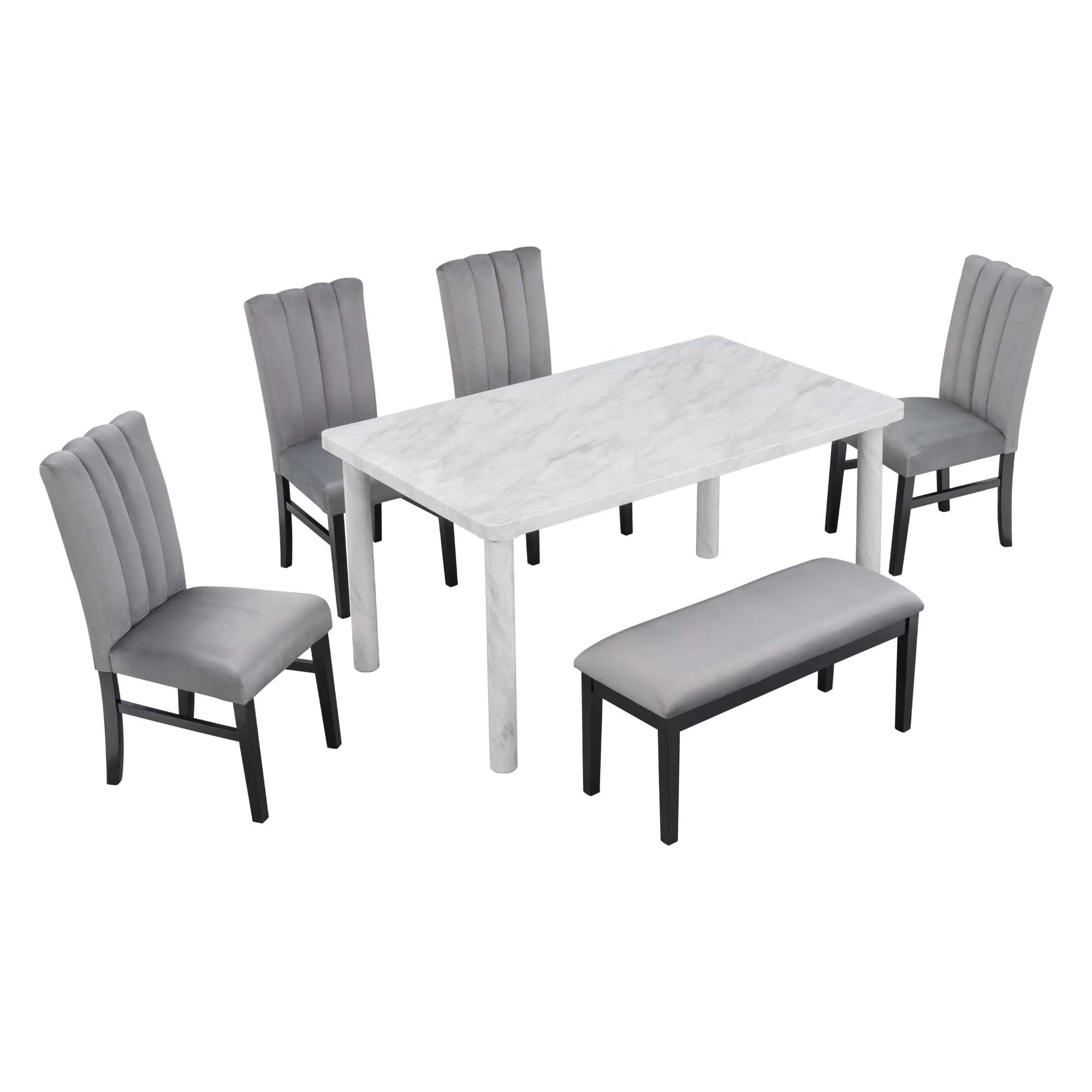 Set of 6 Marble Sticker Dining Table and 4 Velvet Upholstered Dining Chairs and Bench (White+Grey) Dimensions Table: 60"L x 36"W x 30"H Chair: 19.3"L x 20.5"W x 37.8"H