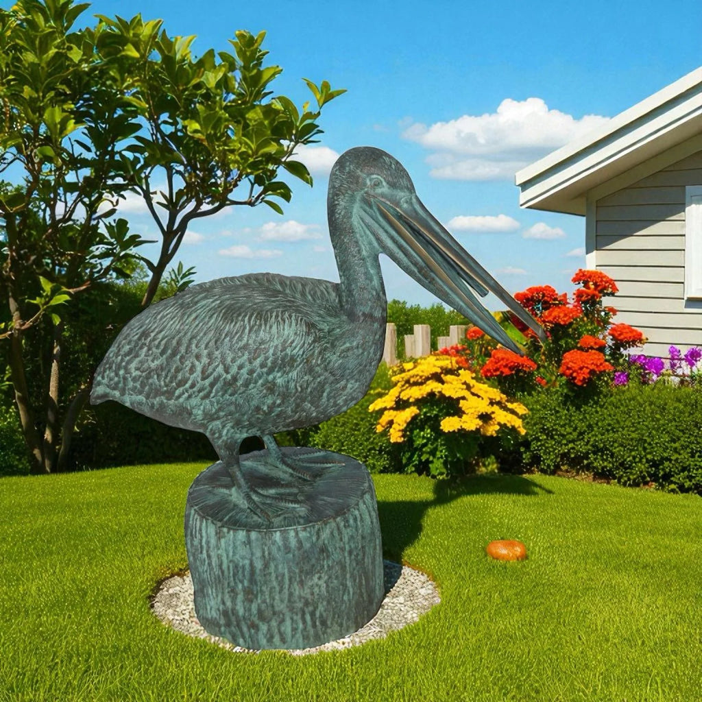 Nifao Pelican on a Tree Stump fountain bronze statue - Size: 30"L x 16"W x 46"H.