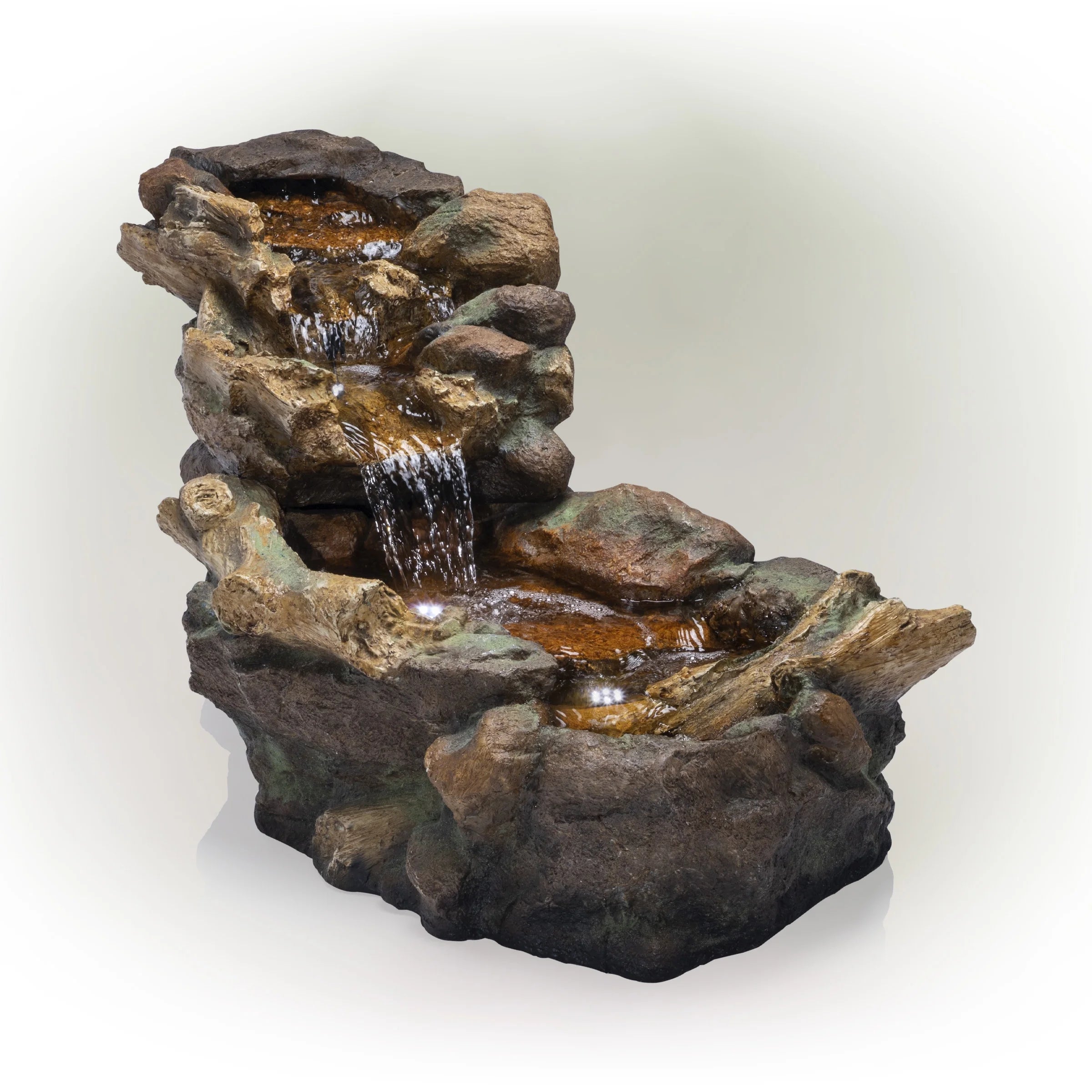 Alpine Corporation 59" x 16" x 20" Polystone Light-Up Cascading Floor Pump Fountain, Brown