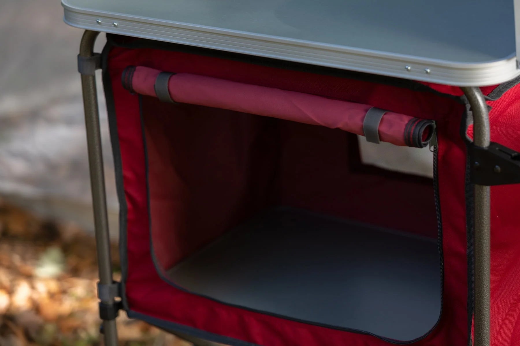 Trail Deluxe Camping Kitchen with Storage, Silver and Red, 31 Height" x 13 width" x 8.25 length"