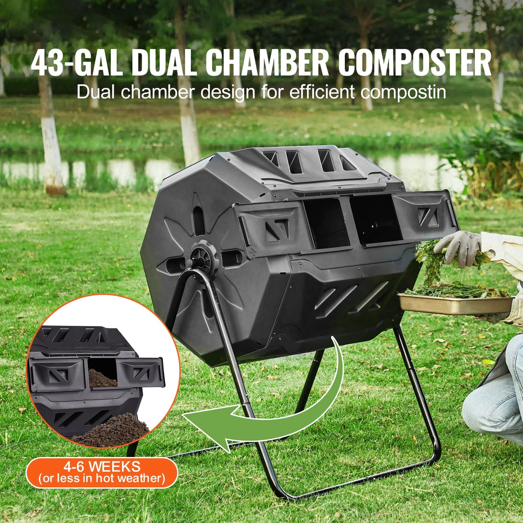 KFFKFF Compost Bin 43 Gal Dual-Chamber Composter Tumbler Rotating Sliding Door 29 x 24.6 x 37.6 in