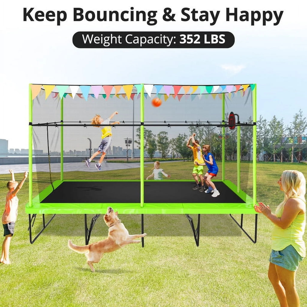 Voqoomkl Rectangle Trampoline with Basketball Hoop for Kids and Adults, Green, 204.00" x 120.00" x 141.00"