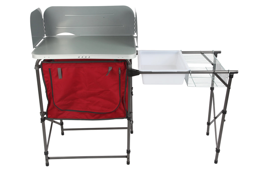 Trail Deluxe Camping Kitchen with Storage, Silver and Red, 31 Height" x 13 width" x 8.25 length"