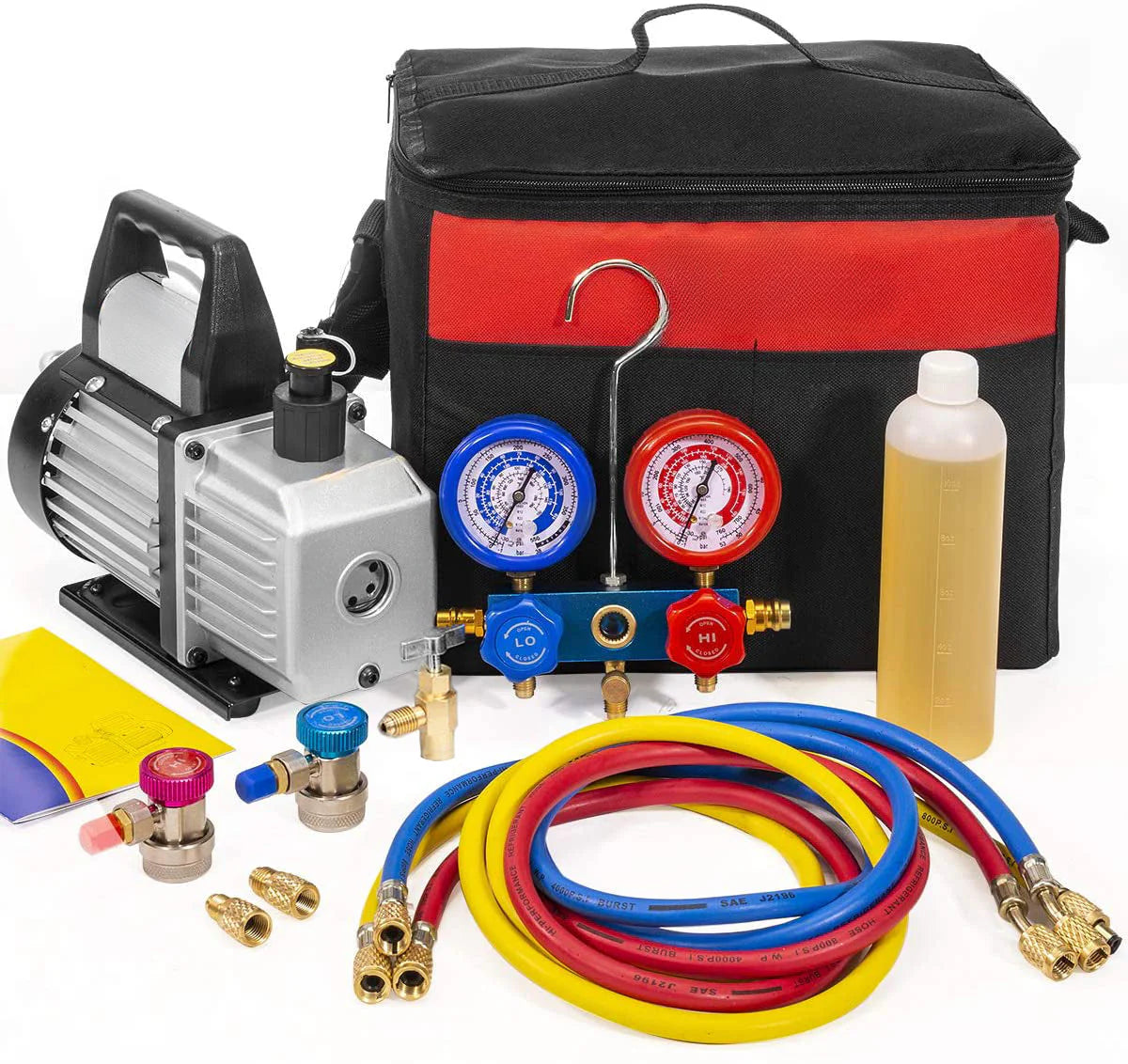 A/C Manifold Gauge Set with 3 CFM Vacuum Pump, R12 R22 R134a R410a HVAC Refrigeration Service Kit