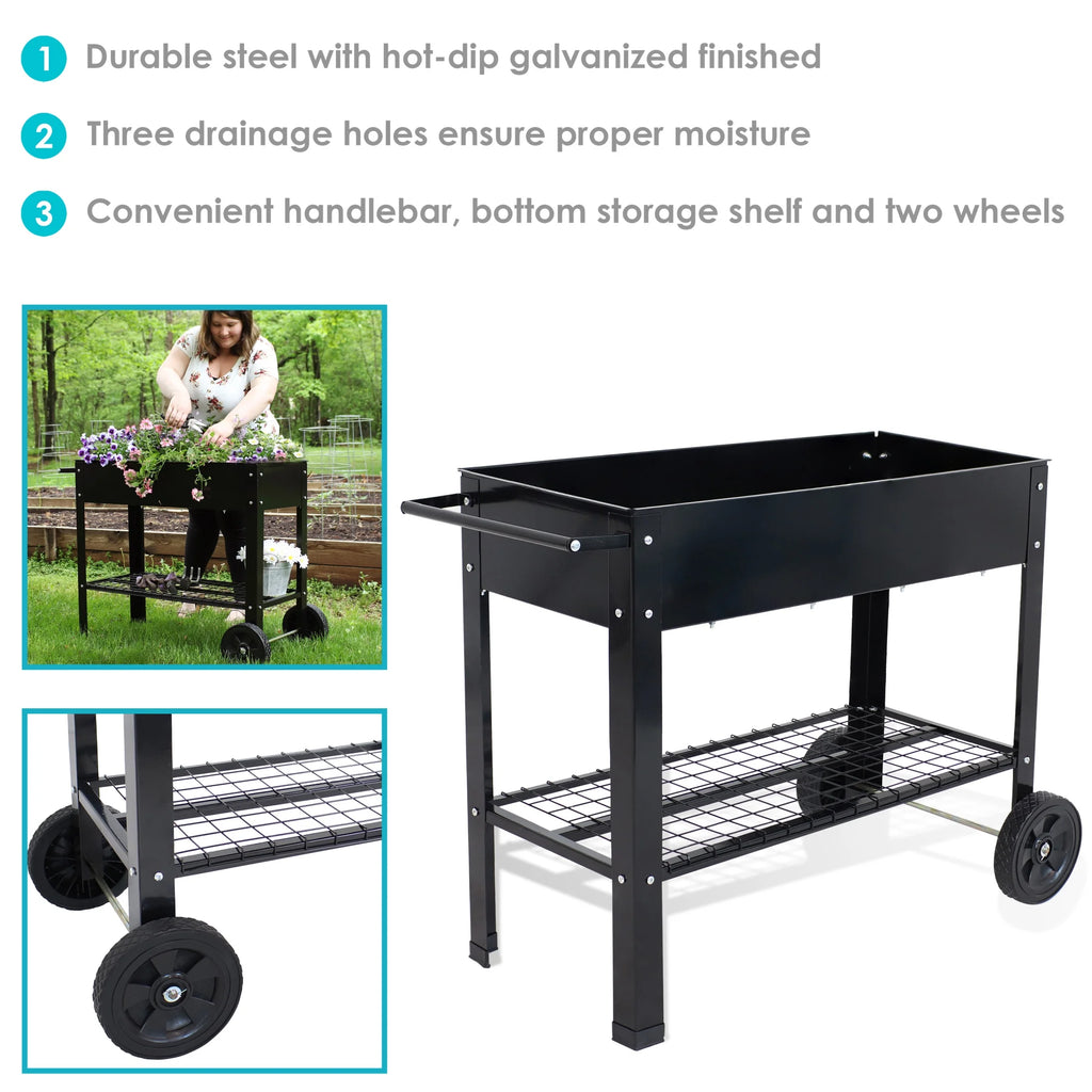 Sunnydaze 43.5" x 20.75" x 31.75" Blue Galvanized Steel Raised Garden Bed Cart with Wheels