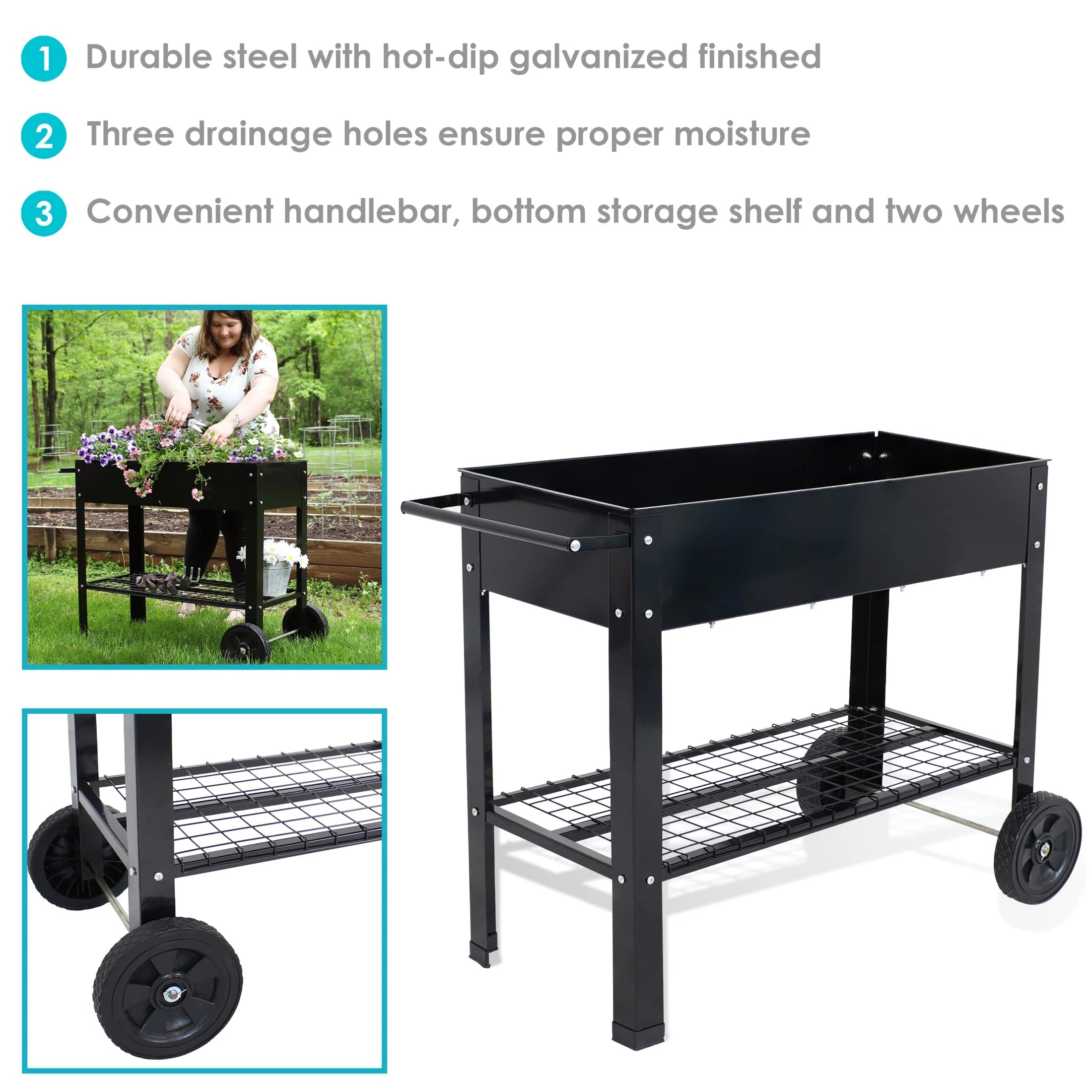 Sunnydaze 43.5" x 20.75" x 31.75" Blue Galvanized Steel Raised Garden Bed Cart with Wheels