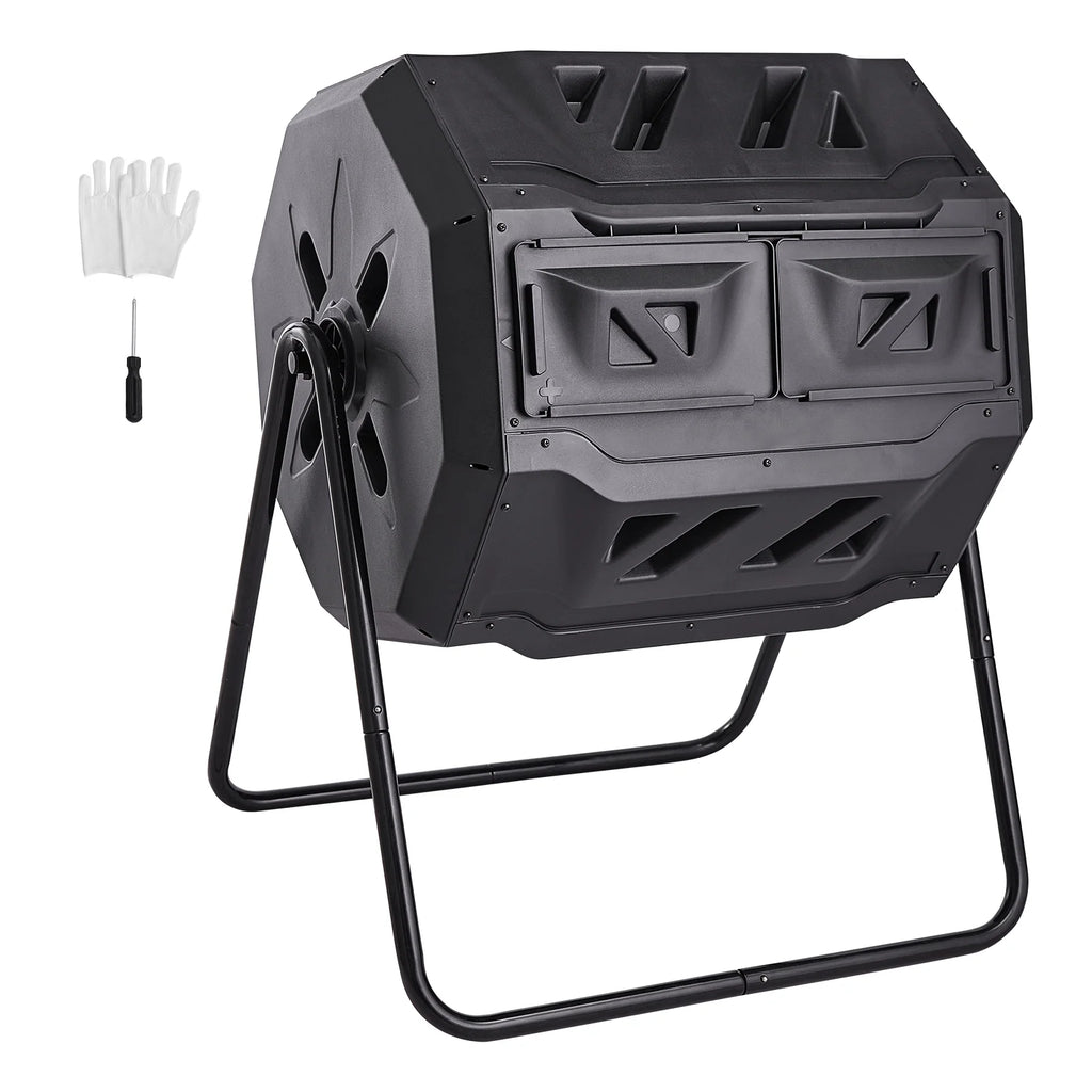 KFFKFF Compost Bin 43 Gal Dual-Chamber Composter Tumbler Rotating Sliding Door 29 x 24.6 x 37.6 in