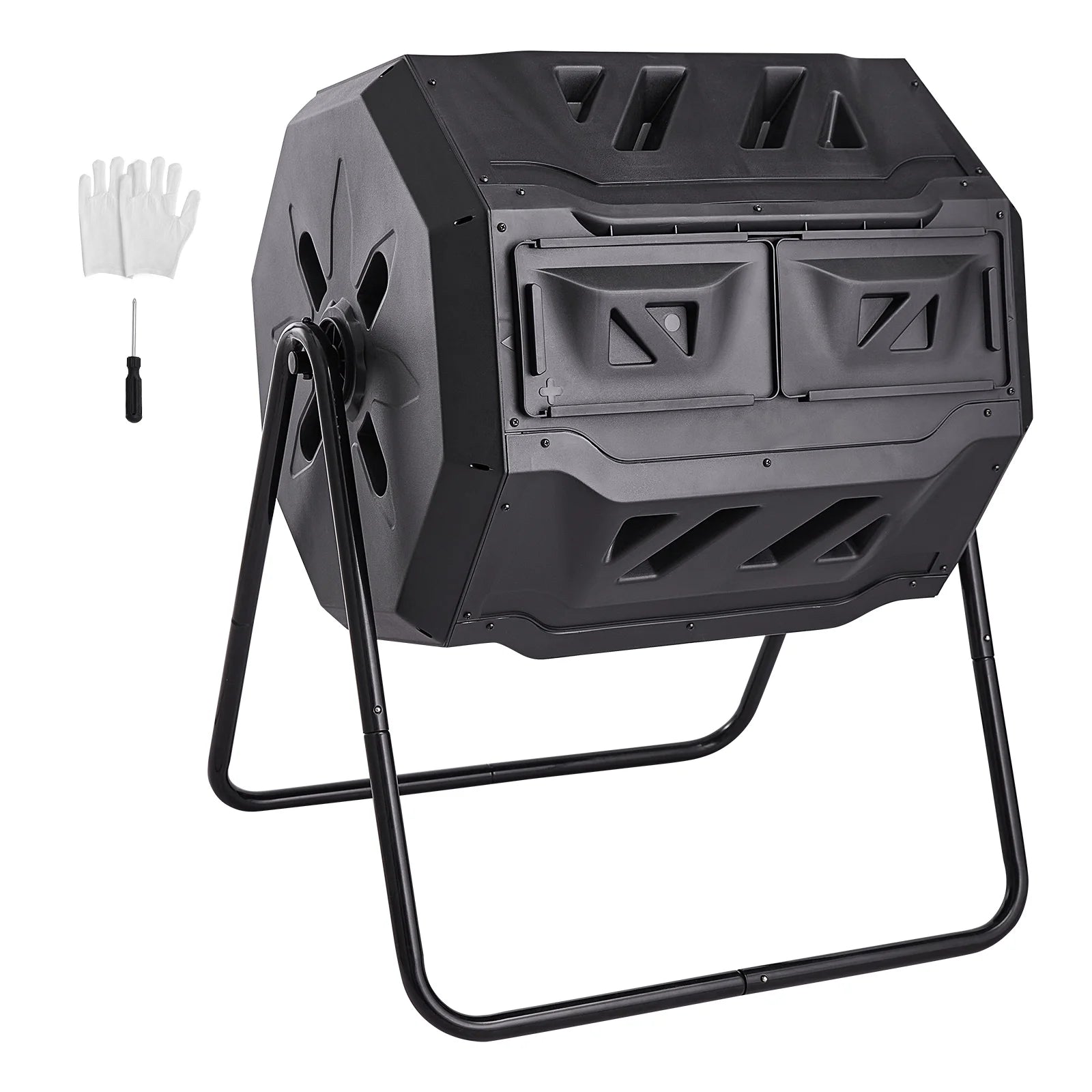 KFFKFF Compost Bin 43 Gal Dual-Chamber Composter Tumbler Rotating Sliding Door 29 x 24.6 x 37.6 in