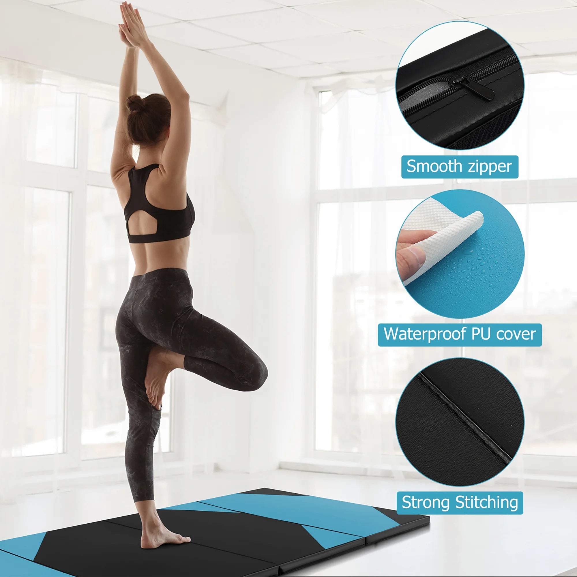 Gymax 10' x 4' x 2'' 4-Panel Folding Gymnastics Exercise Mat w/ Hook & Loop Fasteners Blue