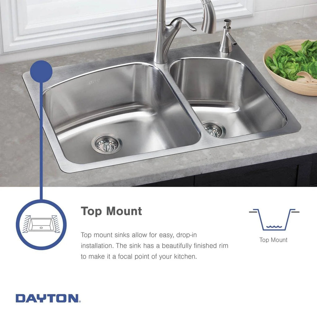 Elkay DD233224 22 Gauge Stainless Steel Double Bowl Top Mount Kitchen Sink, 33 x 22 x 7.0625