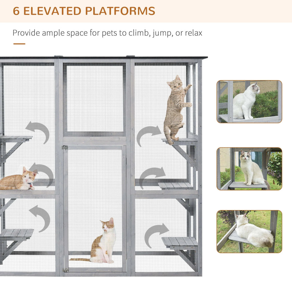 PawHut Wooden Catio Enclosure with Weather Protection, 6 Platforms, Outdoor, Large, 71" x 38.5" x 71"