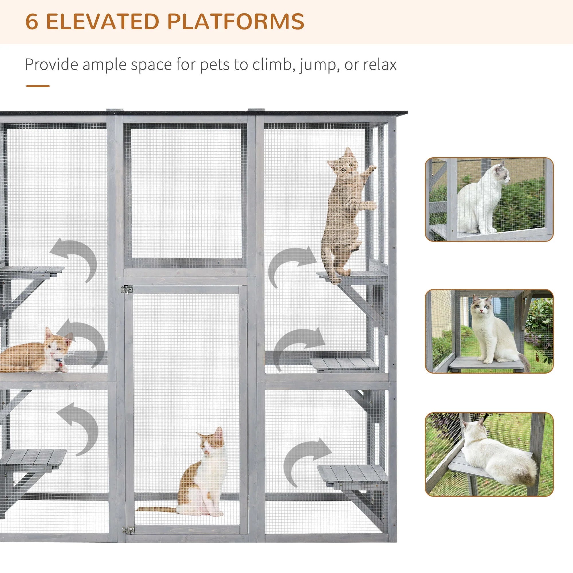 PawHut Wooden Catio Enclosure with Weather Protection, 6 Platforms, Outdoor, Large, 71" x 38.5" x 71"