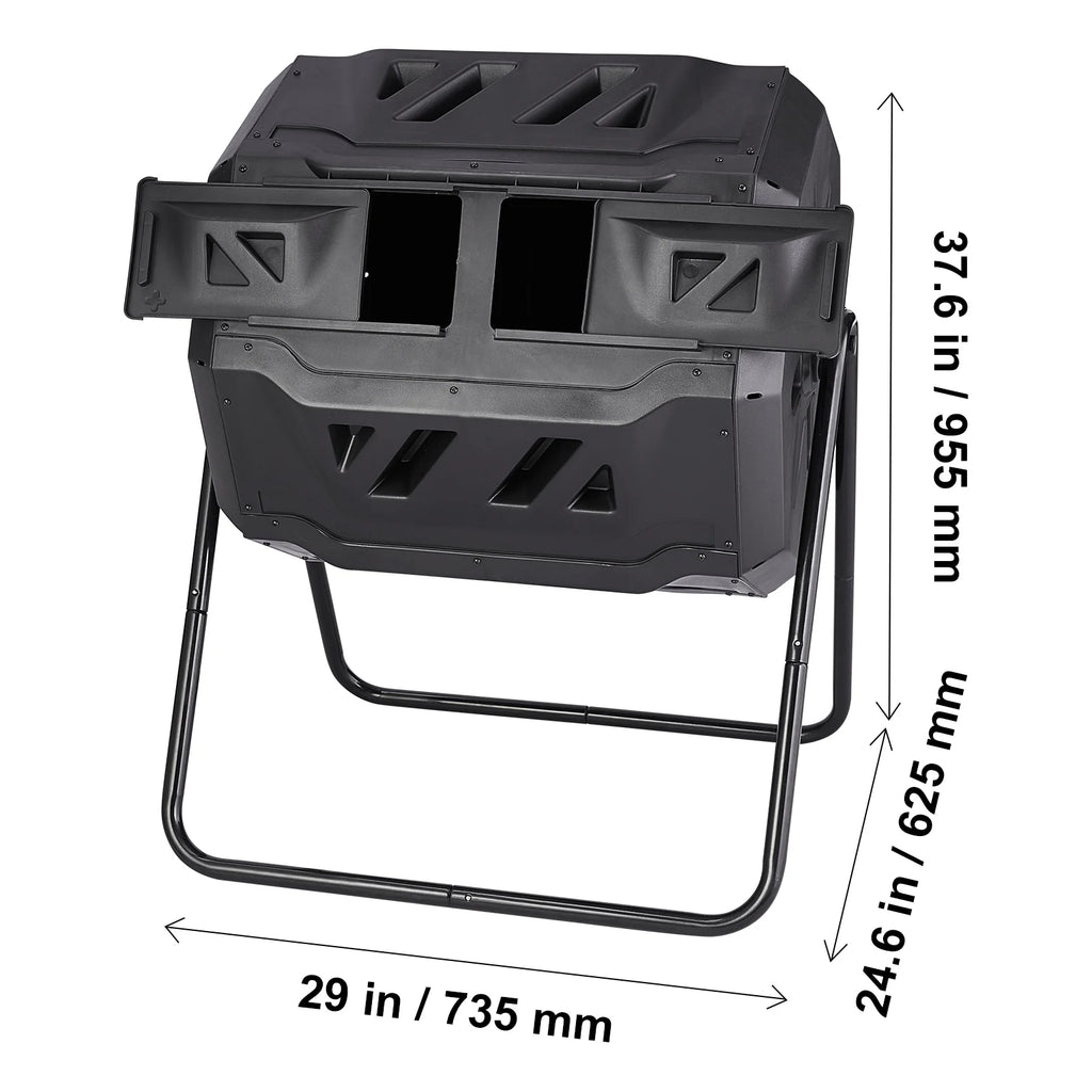 KFFKFF Compost Bin 43 Gal Dual-Chamber Composter Tumbler Rotating Sliding Door 29 x 24.6 x 37.6 in