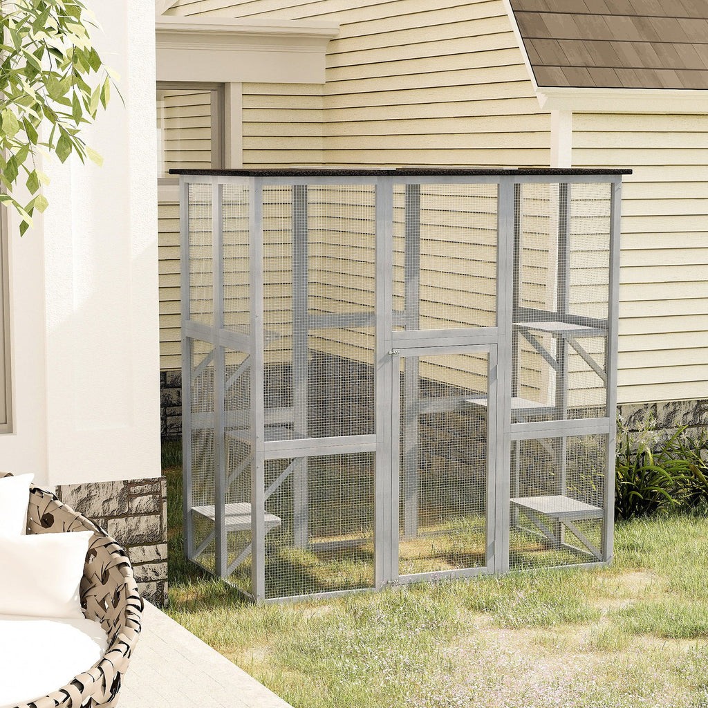 PawHut Wooden Catio Enclosure with Weather Protection, 6 Platforms, Outdoor, Large, 71" x 38.5" x 71"