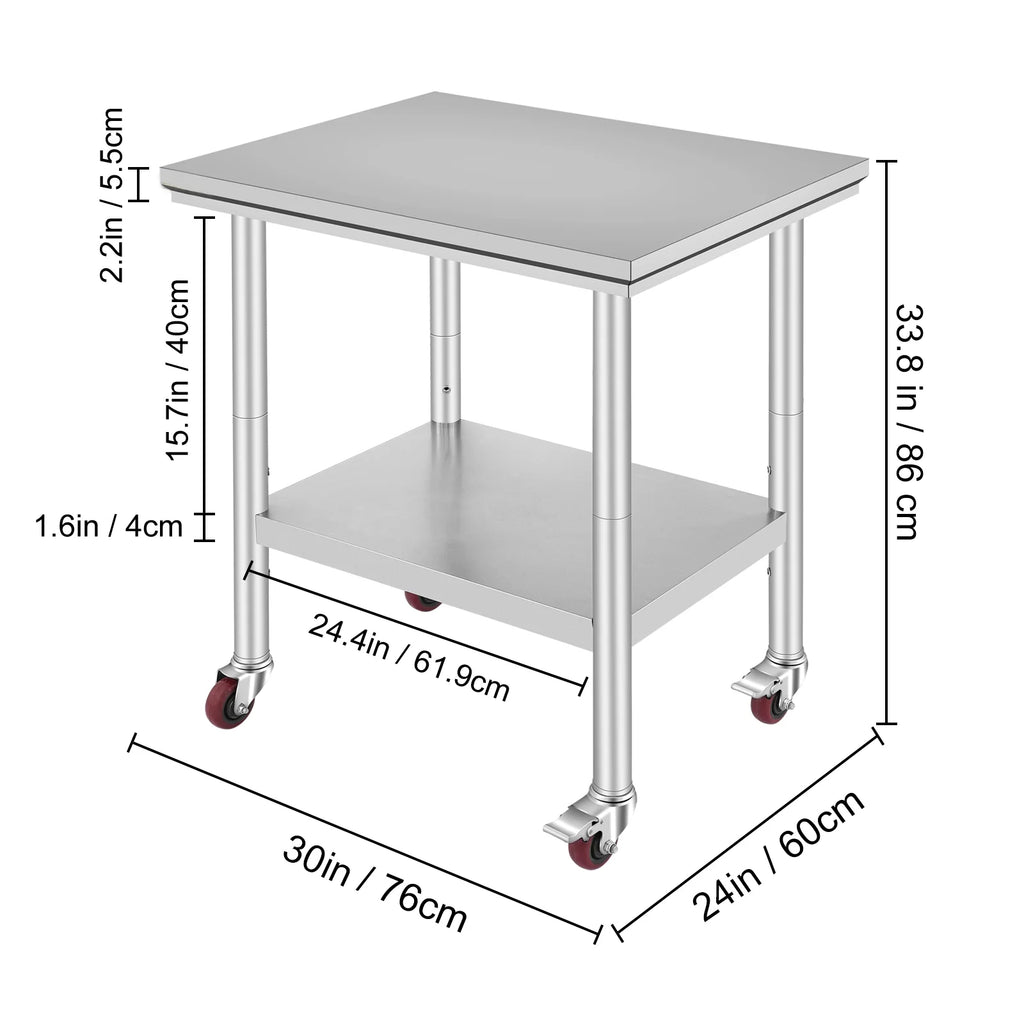 KFFKFF Stainless Steel Work Table with Wheels 24 x 30 Prep Table with casters Heavy Duty Work Table for Commercial Kitchen Restaurant Business (24 x 30 x 32 inch)