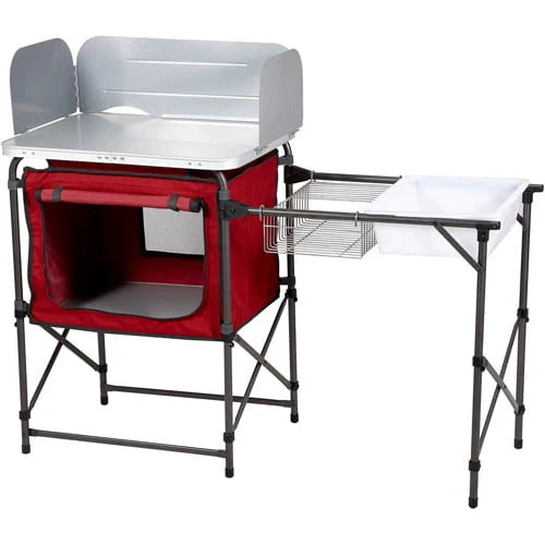 Trail Deluxe Camping Kitchen with Storage, Silver and Red, 31 Height" x 13 width" x 8.25 length"