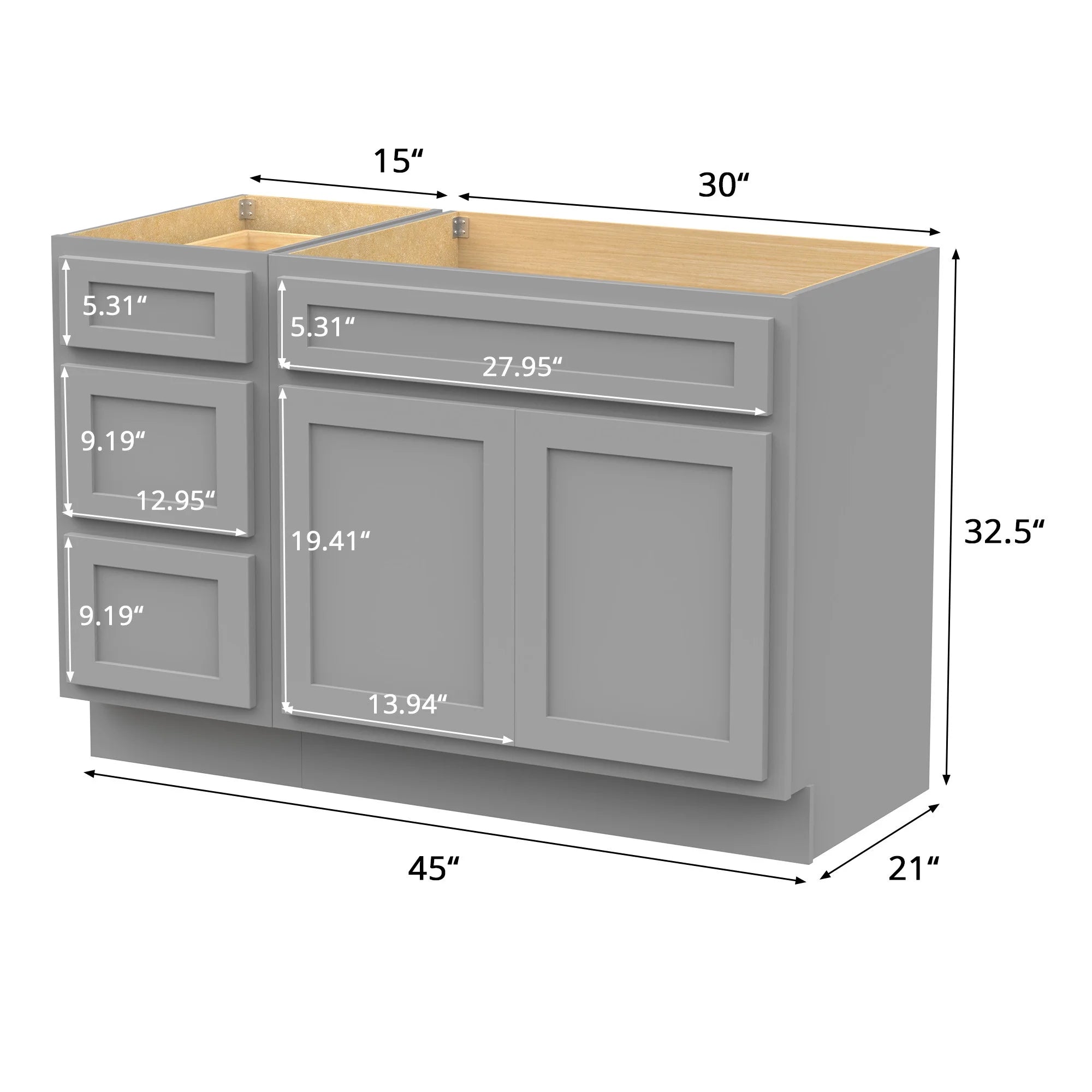 45 in. W x 21 in. D x 32.5 in. H Bath Vanity Cabinet without Top in Gray