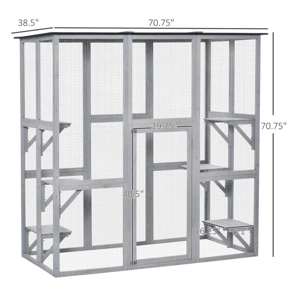 PawHut Wooden Catio Enclosure with Weather Protection, 6 Platforms, Outdoor, Large, 71" x 38.5" x 71"