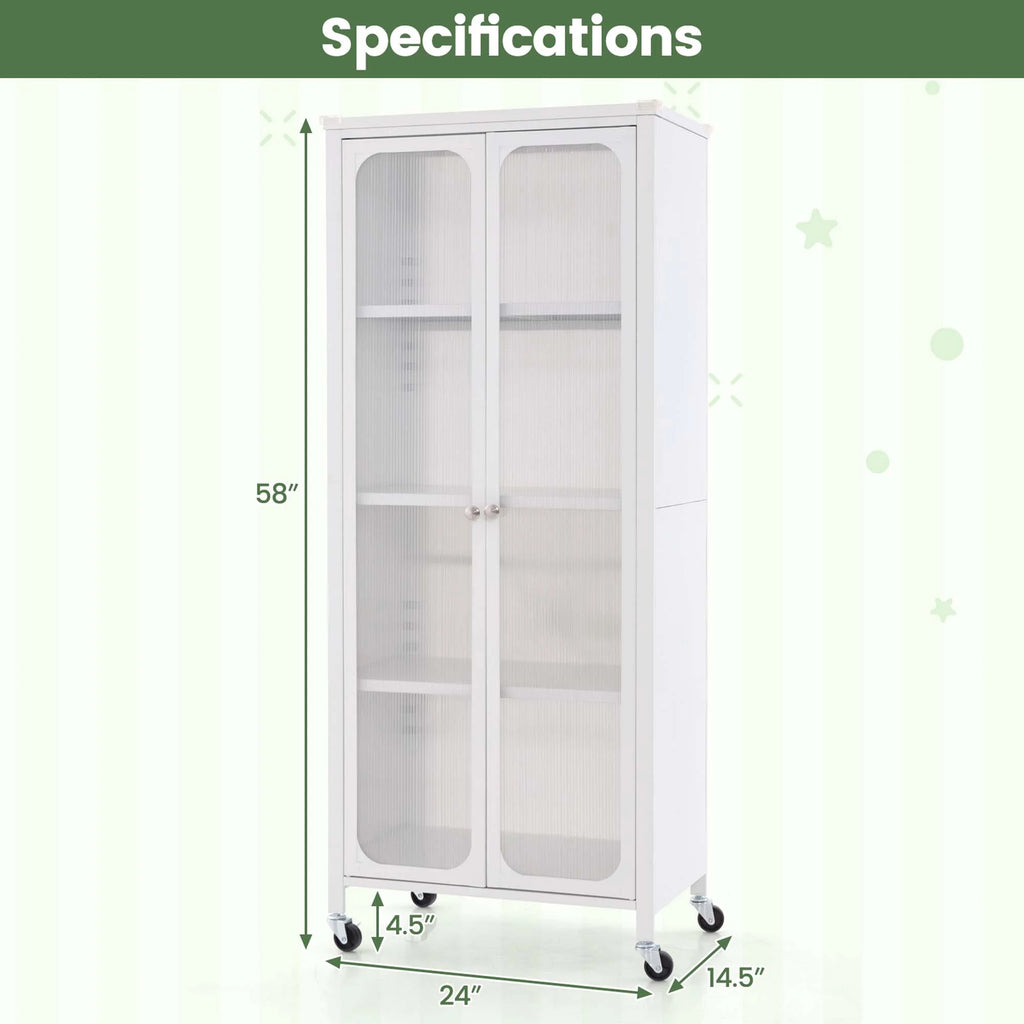 Costway Storage Cabinet with Wheels & 2 Translucent Doors Adjustable Shelves Sideboard 24" x 14.5" x 58"