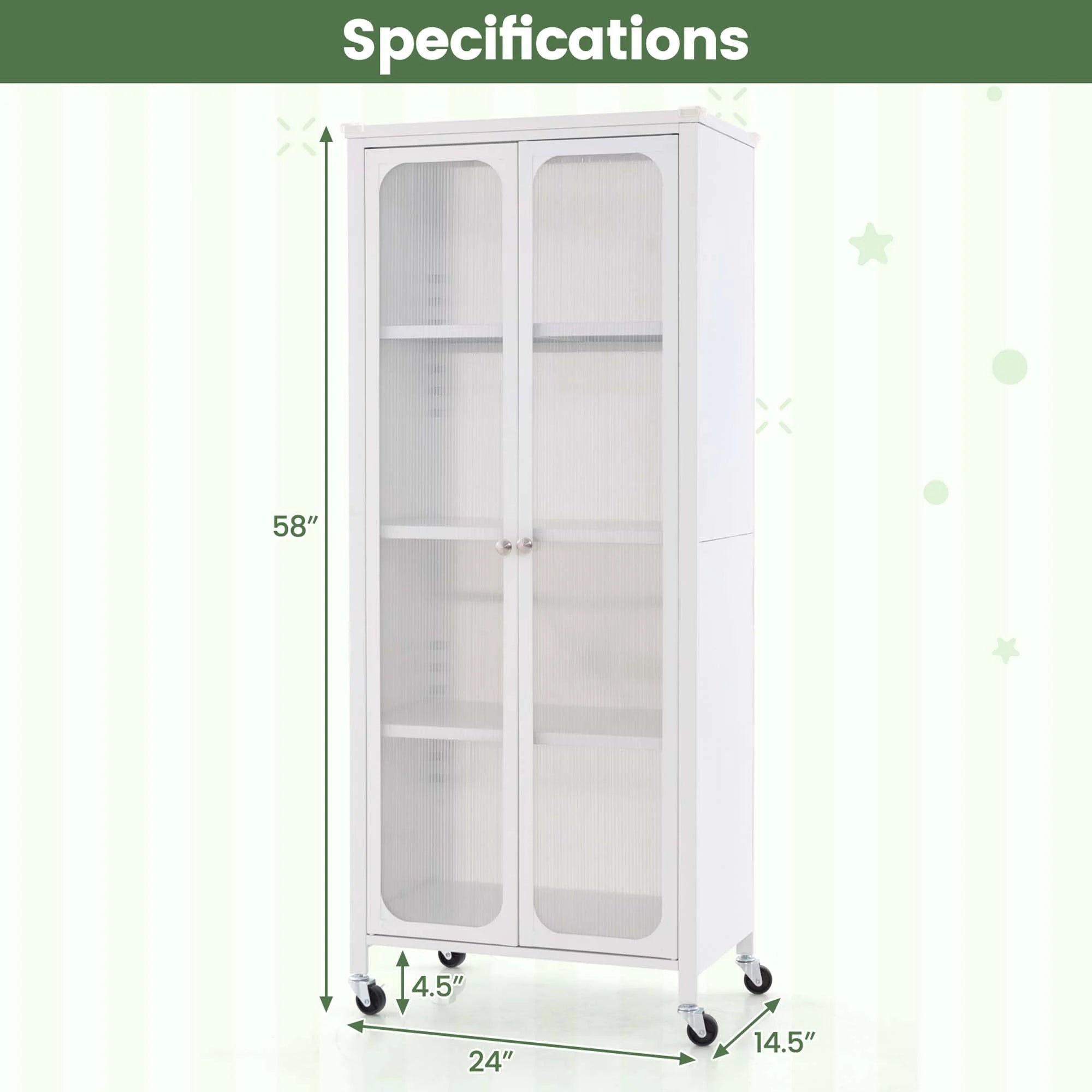 Costway Storage Cabinet with Wheels & 2 Translucent Doors Adjustable Shelves Sideboard 24" x 14.5" x 58"