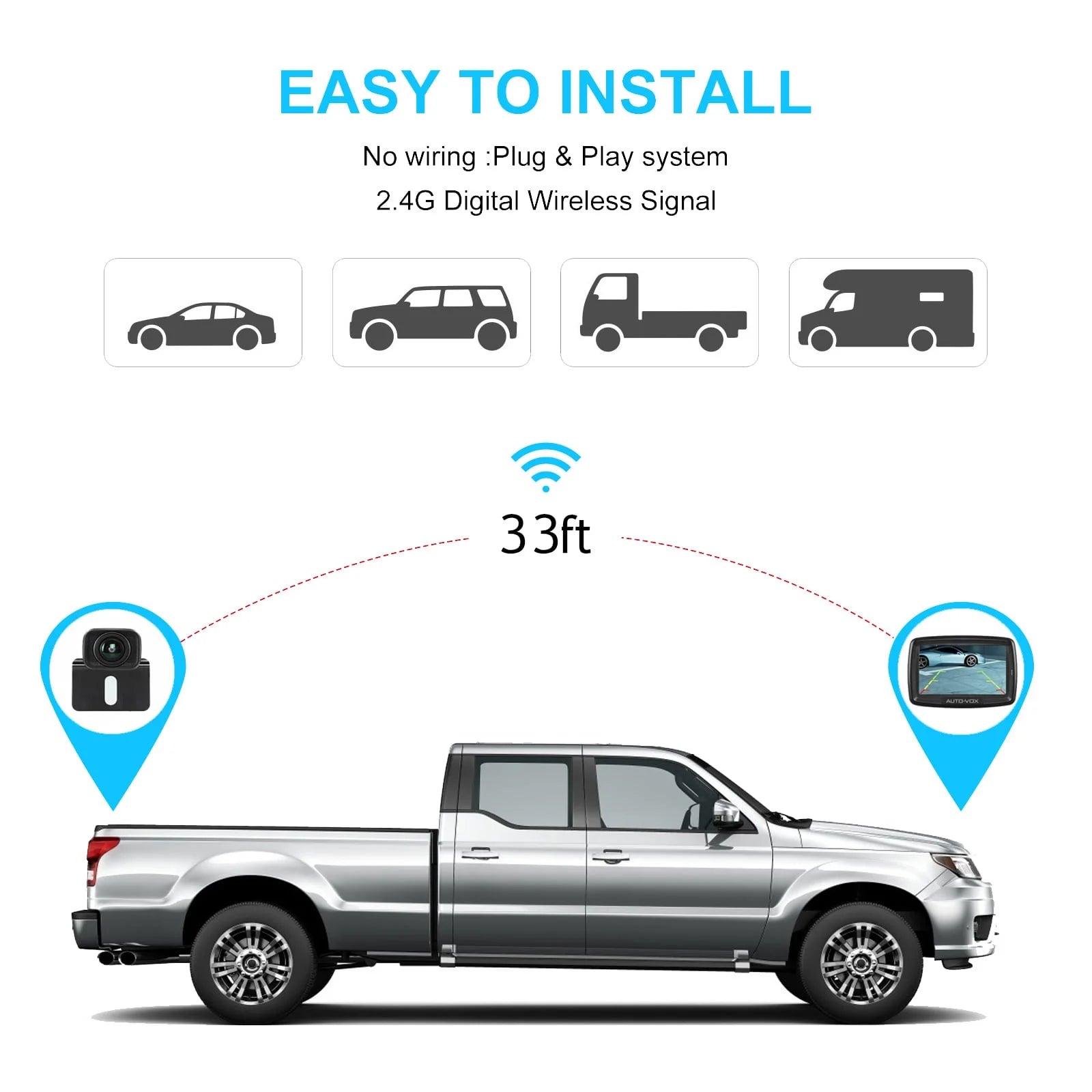 Auto-Vox Wireless Backup Digital Wireless Reverse Camera for Trailer, Black, 4.50 x 0.50 x 3.40 in