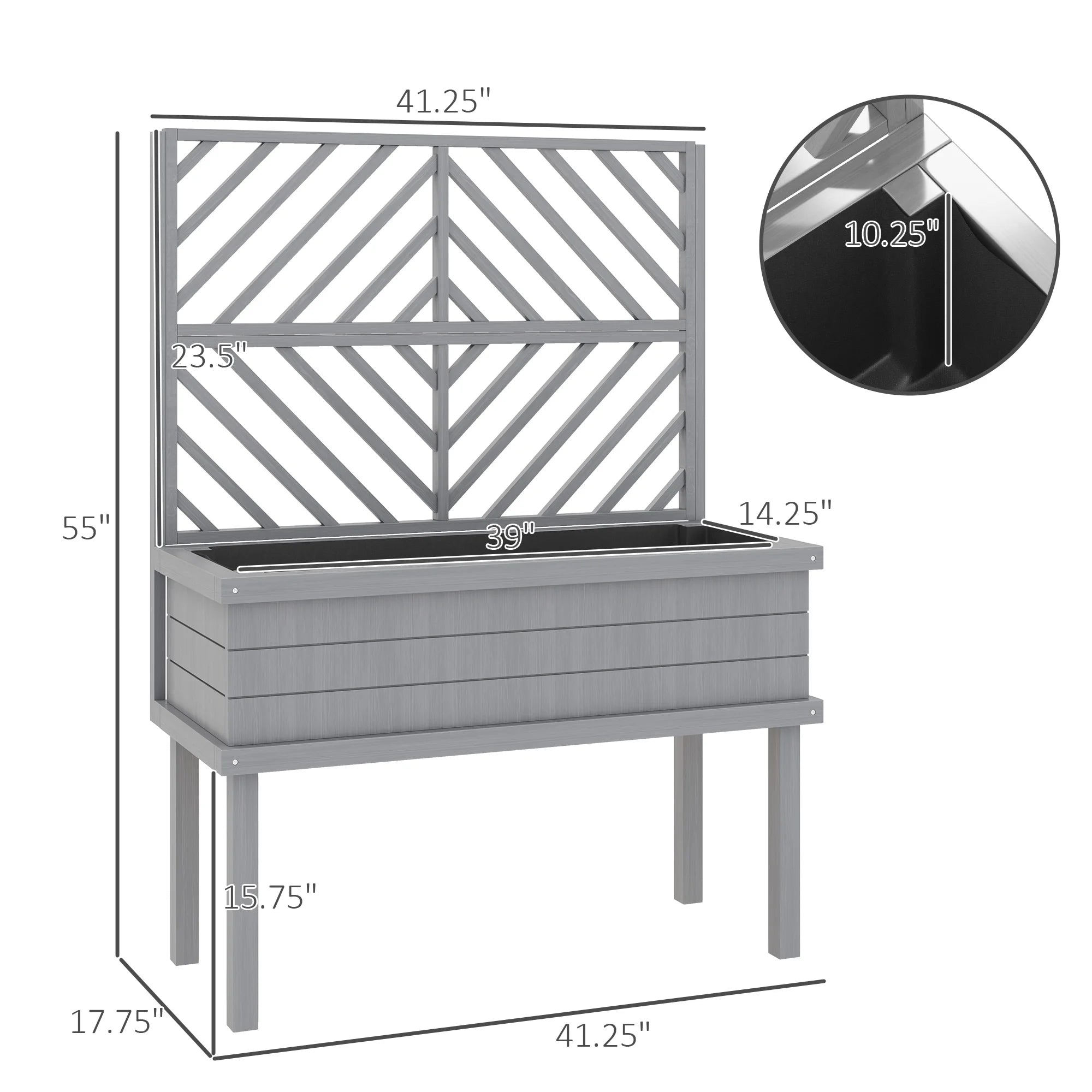 GHooa Raised Garden Bed with Trellis for Climbing Plants 41.25" W x 17.75" D x 55" H-Gray