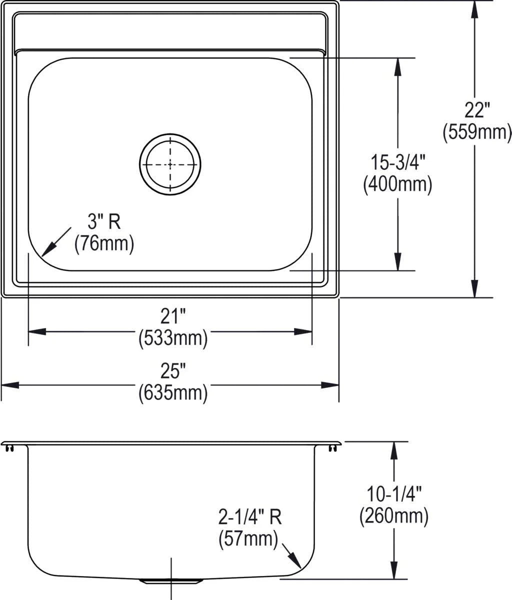 Elkay Dayton Stainless Steel 25" x 22" x 10-1/4", Single Bowl Drop-in Sink
