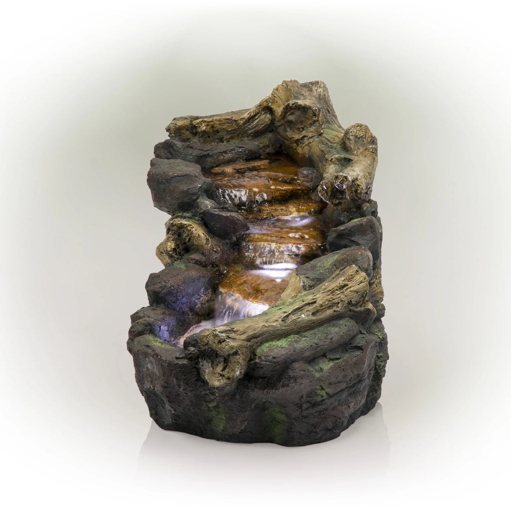 Alpine Corporation 59" x 16" x 20" Polystone Light-Up Cascading Floor Pump Fountain, Brown