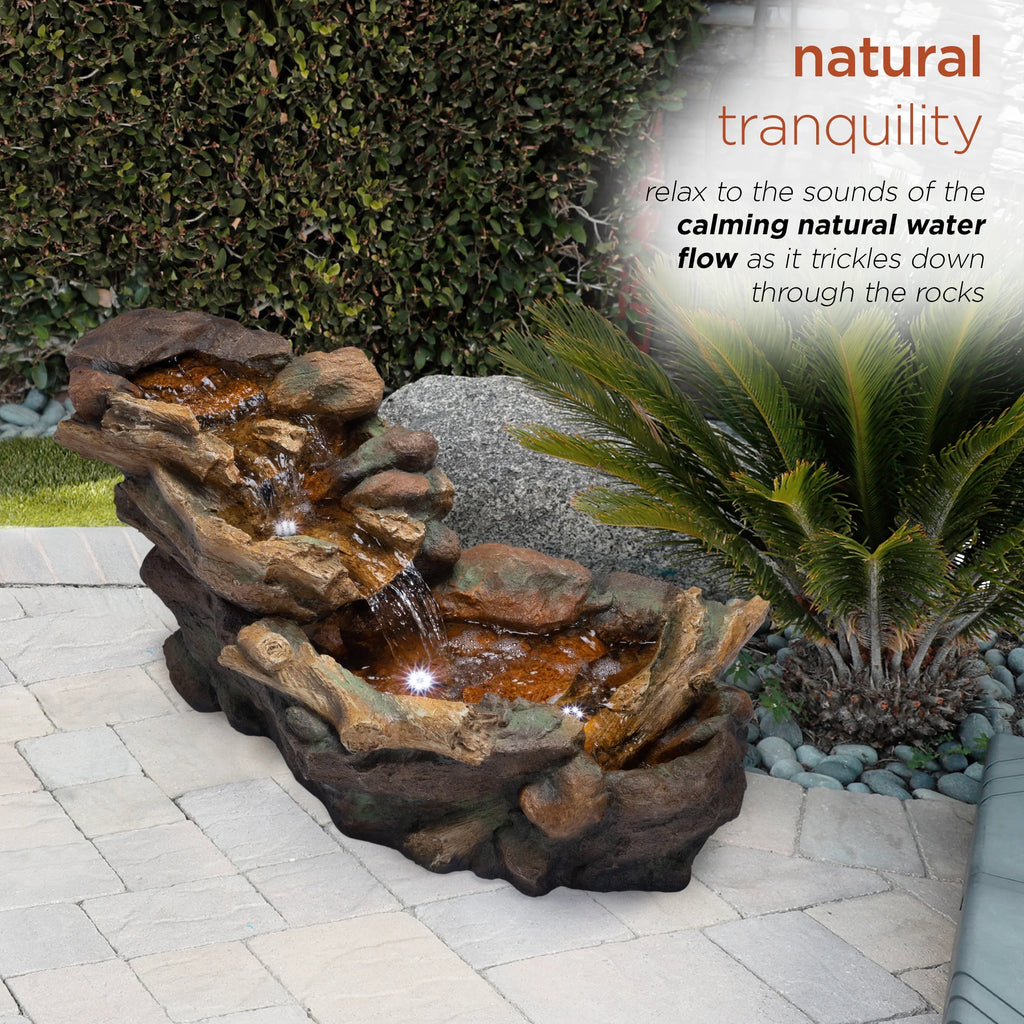 Alpine Corporation 59" x 16" x 20" Polystone Light-Up Cascading Floor Pump Fountain, Brown
