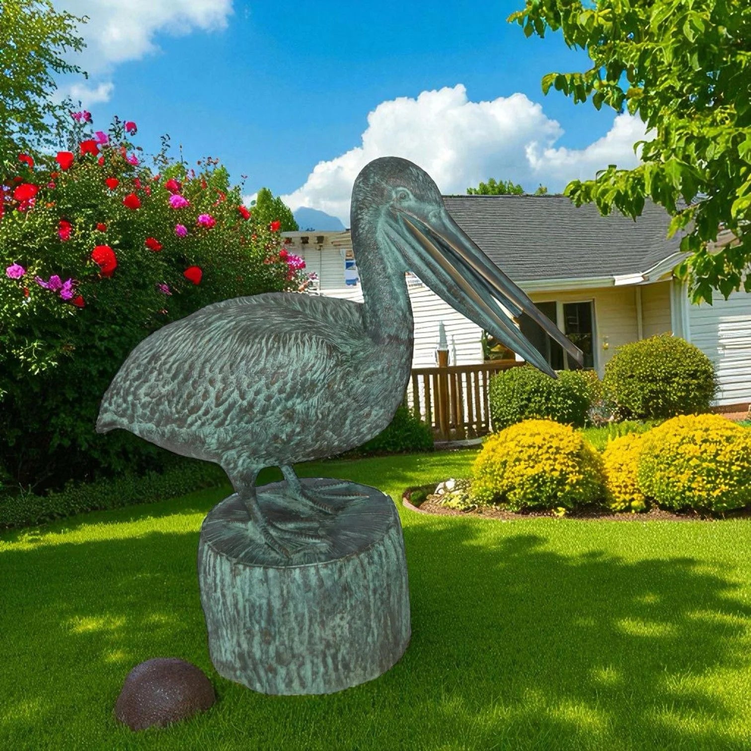 Nifao Pelican on a Tree Stump fountain bronze statue - Size: 30"L x 16"W x 46"H.