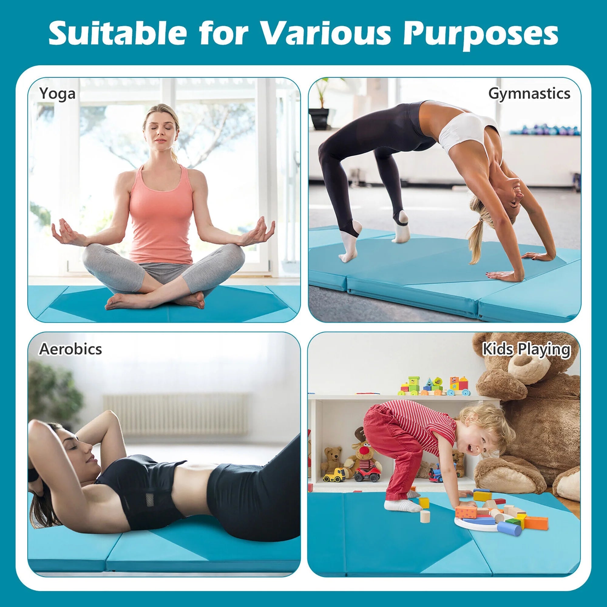 Gymax 10' x 4' x 2'' 4-Panel Folding Gymnastics Exercise Mat w/ Hook & Loop Fasteners Blue
