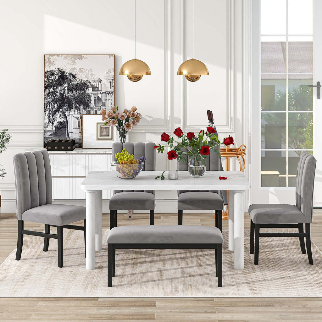 Set of 6 Marble Sticker Dining Table and 4 Velvet Upholstered Dining Chairs and Bench (White+Grey) Dimensions Table: 60"L x 36"W x 30"H Chair: 19.3"L x 20.5"W x 37.8"H